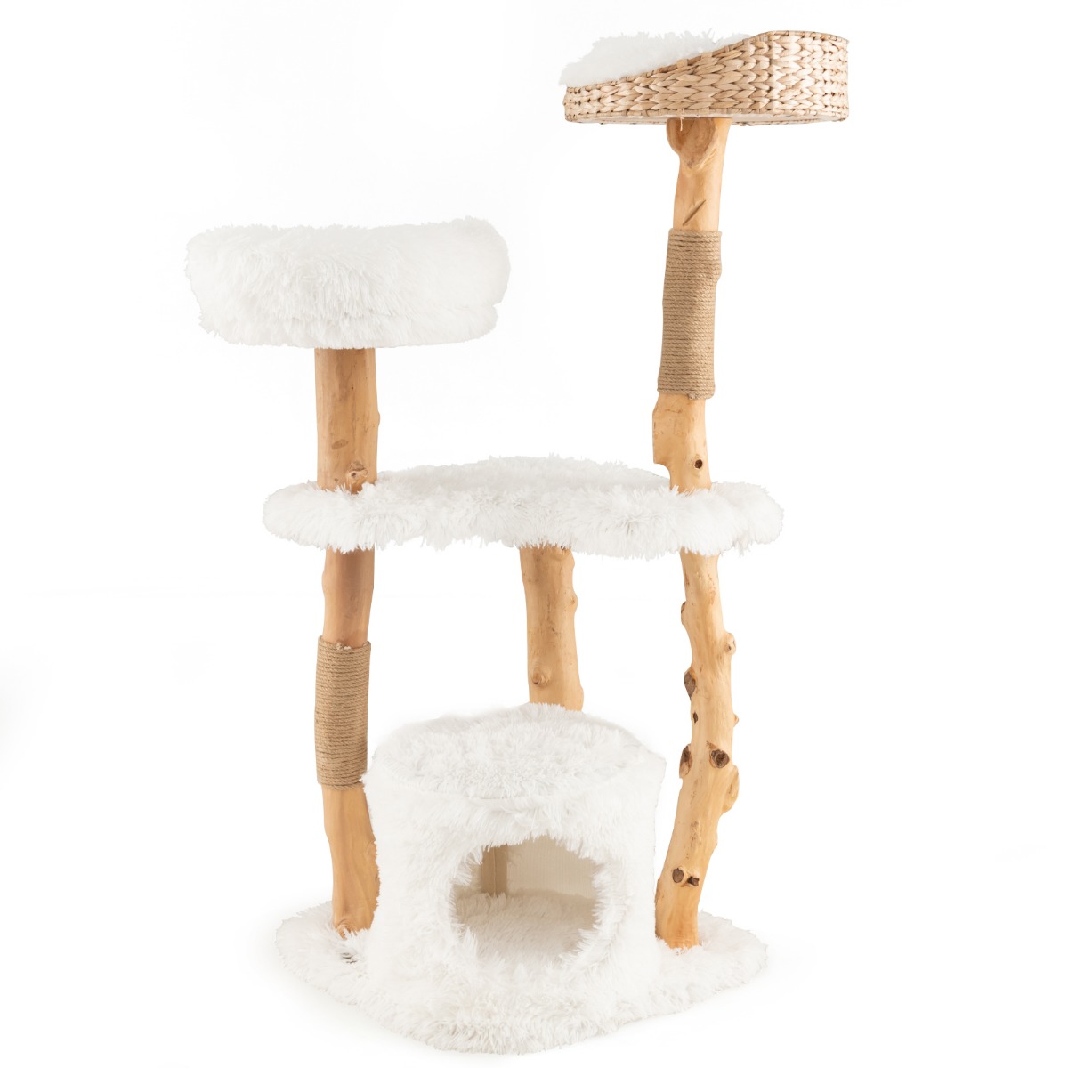 124 CM Tall Wooden Cat Tree with Jute Scratching Posts-White - Savings Store