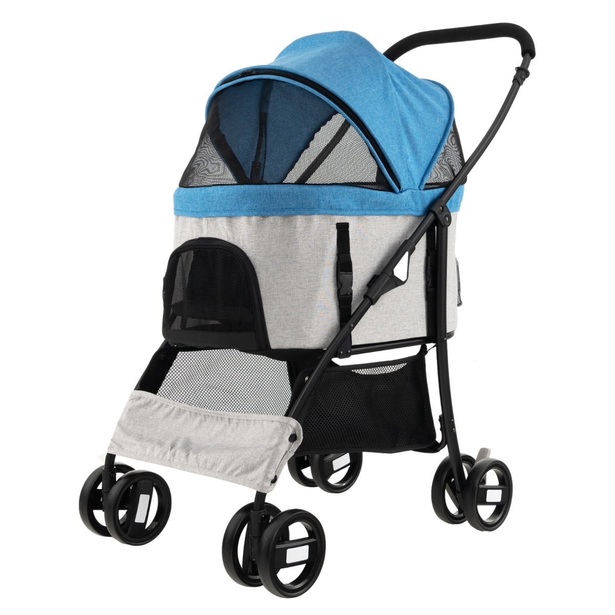 Foldable Pet Stroller with 4-Level Adjustable Canopy and Storage Basket-Blue - Savings Store