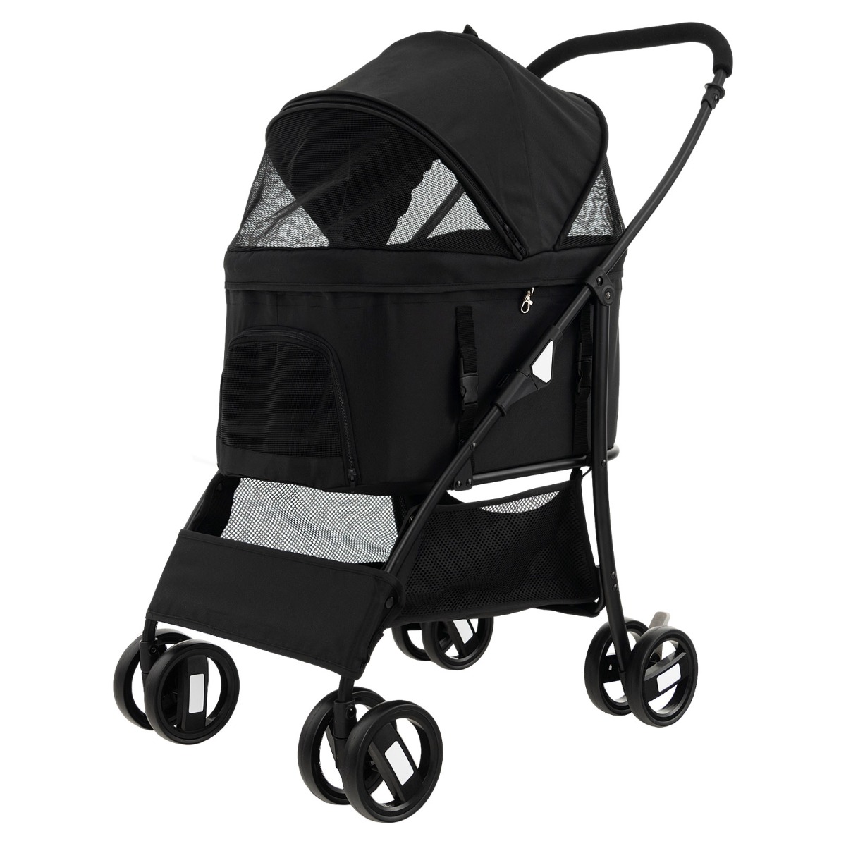 Foldable Pet Stroller with 4-Level Adjustable Canopy and Storage Basket-Black - Savings Store