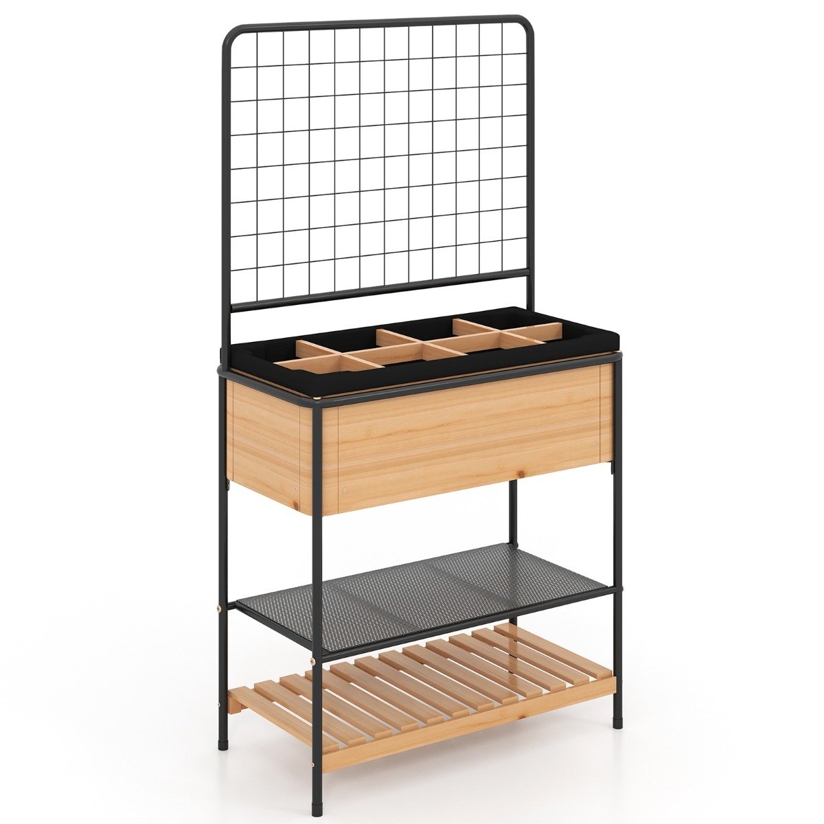 Raised Garden Bed with Trellis and 2-tier Storage Shelves-Natural - Savings Store