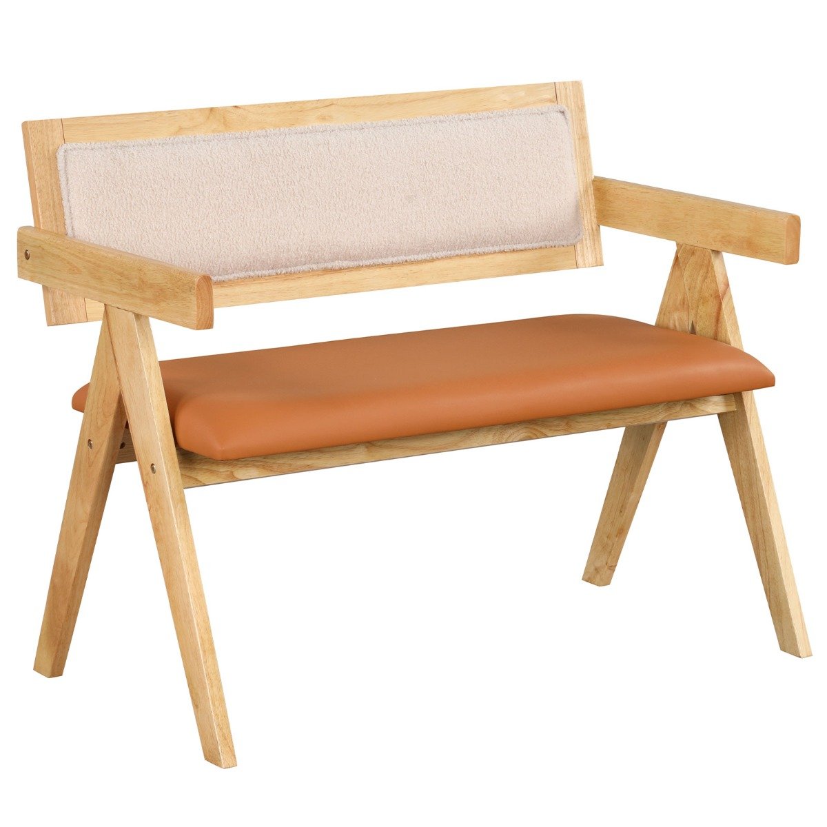 Rubber Wood Dining Bench with Armrest and Sherpa Upholstered Backrest-Natural - Savings Store