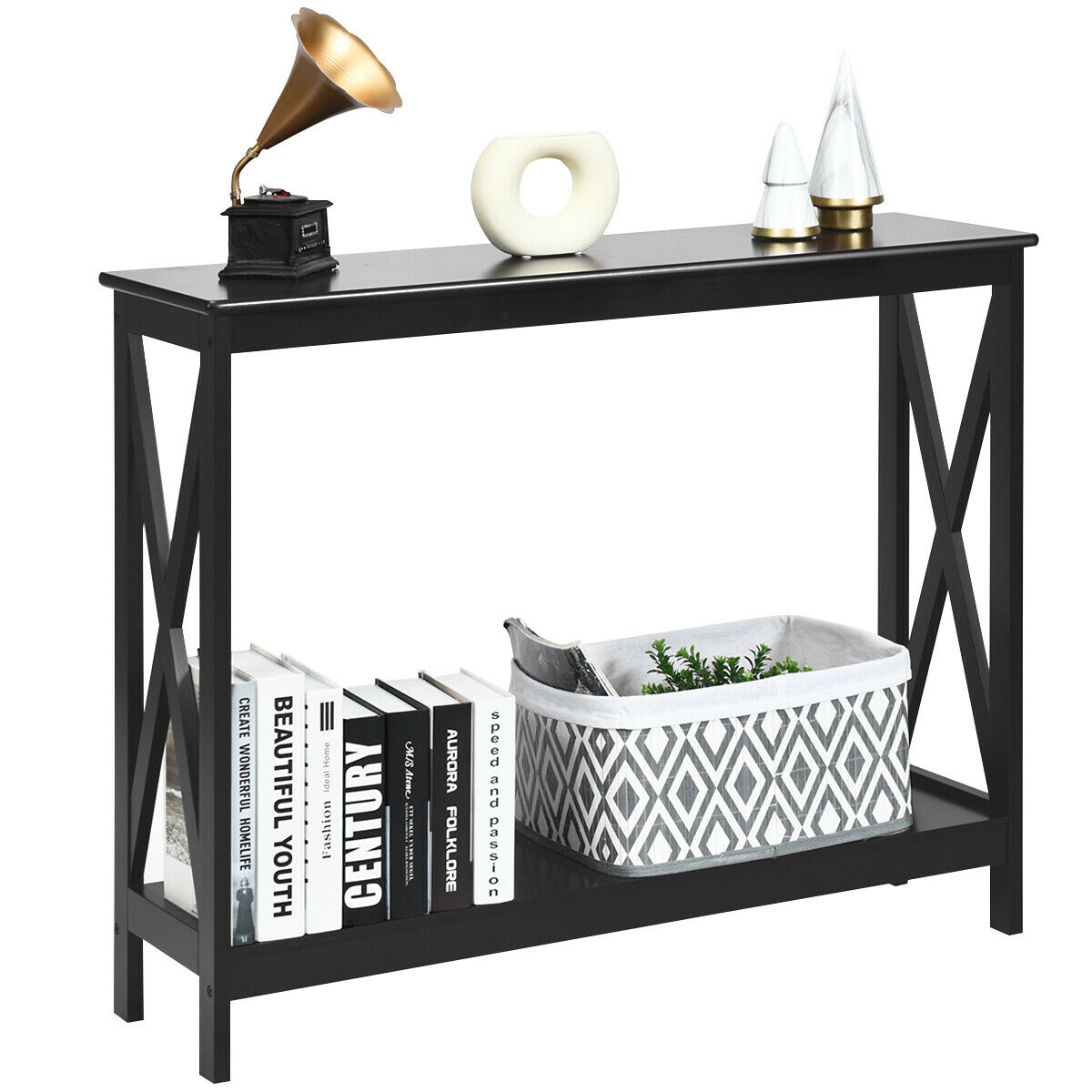 2 Tier Wooden Console Table-Black - Savings Store