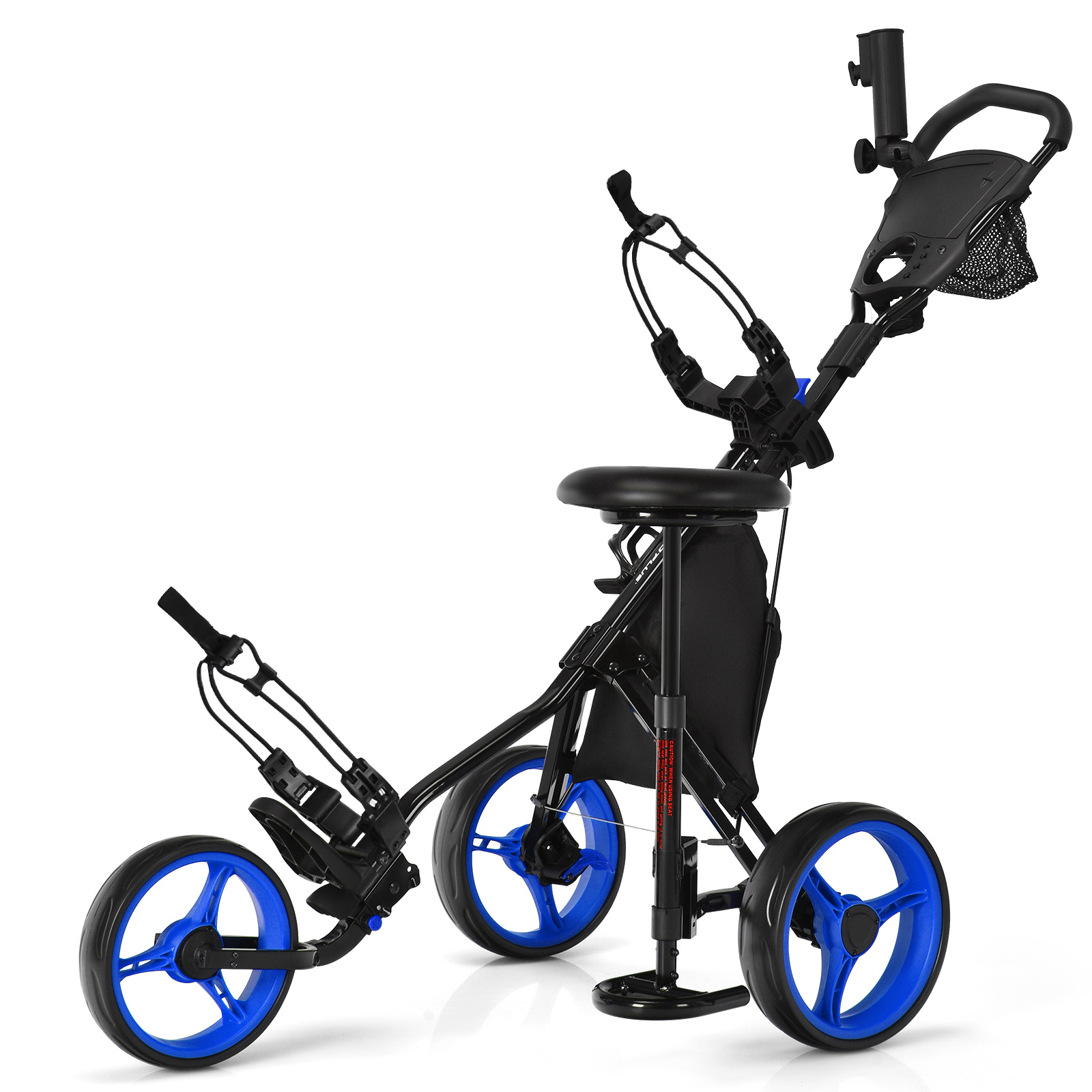 Golf Push Pull Cart with Storage Bag and Foot Brake-Blue - Savings Store