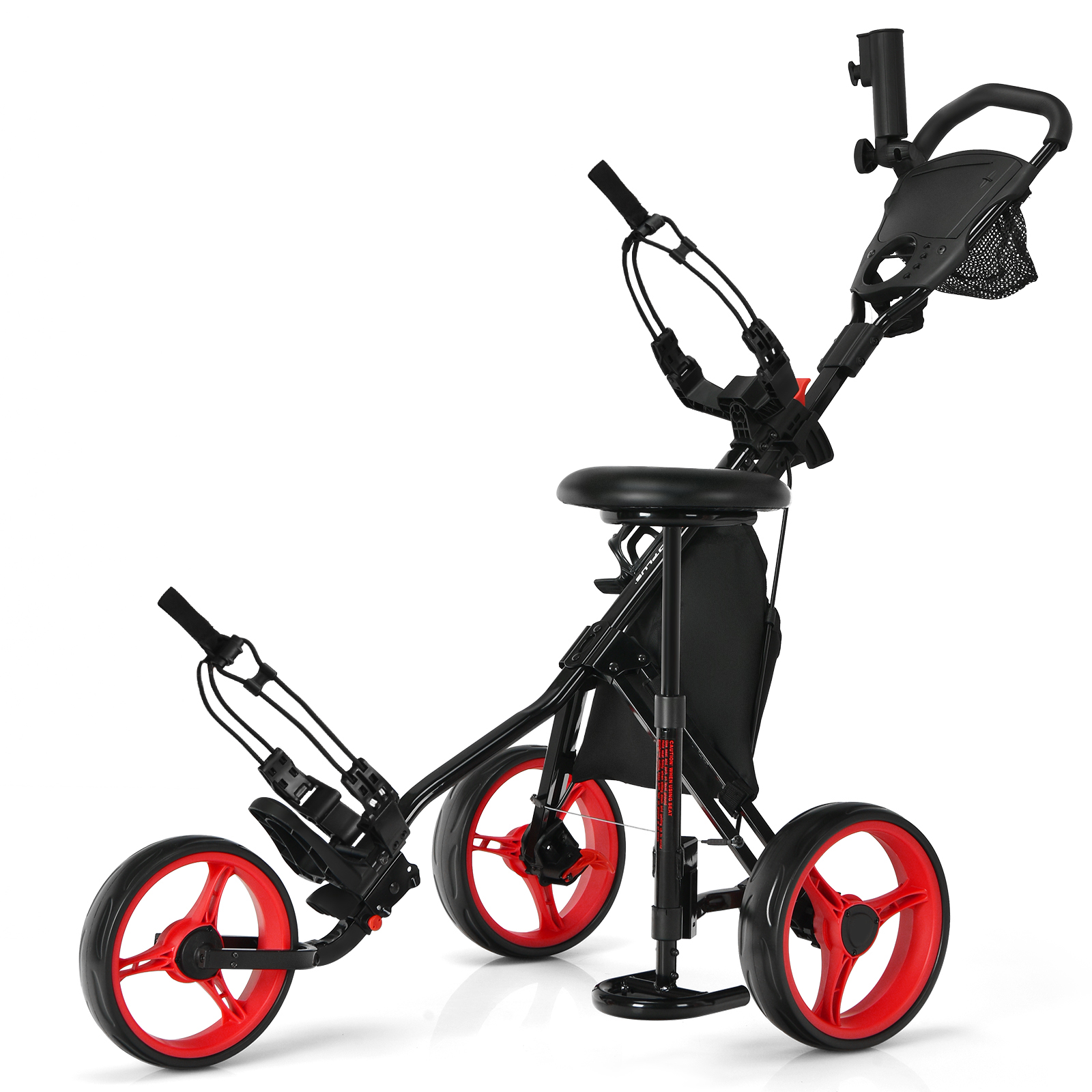 Golf Push Pull Cart with Storage Bag and Foot Brake-Red - Savings Store