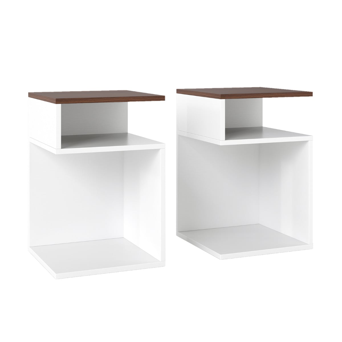 S-Shaped Side Table Set of 2 for Small Space with 2 Open Compartments-Walnut - Savings Store