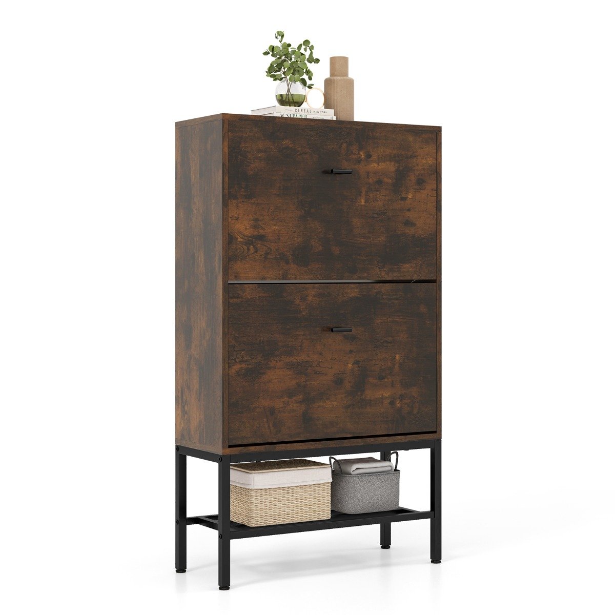 Shoes Cabinet - Shoe Storage Cabinet with 2 Flip Drawers and Adjustable and Removable Shelves-Rustic Brown - Savings Store
