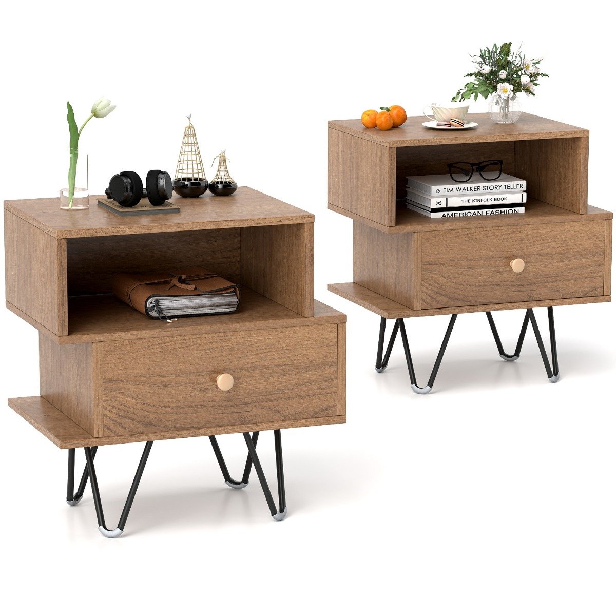 ARVA Mid Century Modern End Tables Set of 2 with Removable Drawer-Natural - Savings Store