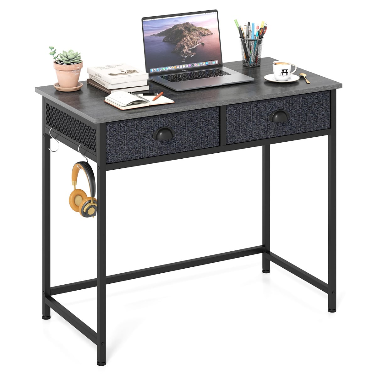 SIIN Space Saving Computer Desk with 2 Fabric Drawers-Grey - Savings Store