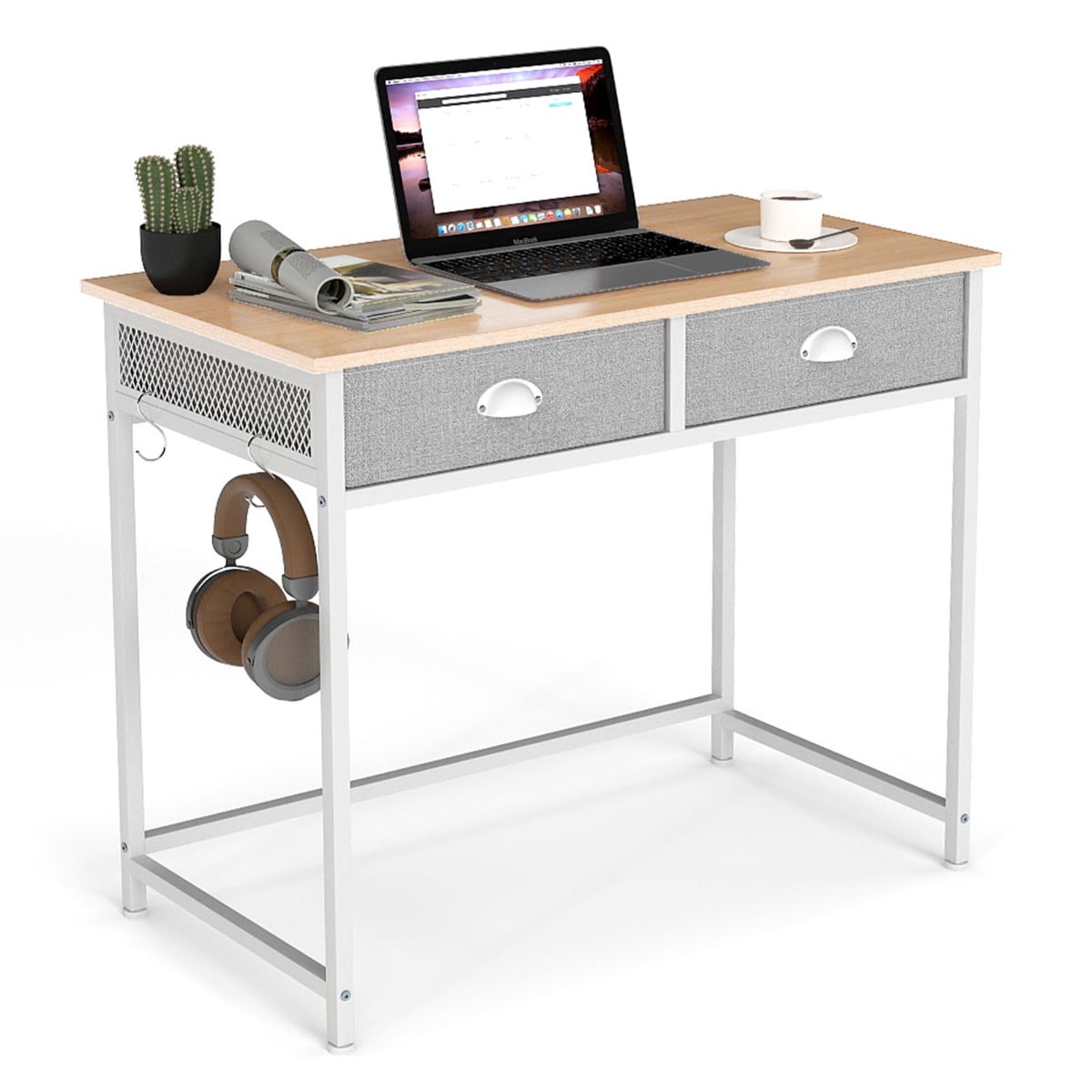 SIIN Space Saving Computer Desk with 2 Fabric Drawers-Natural - Savings Store