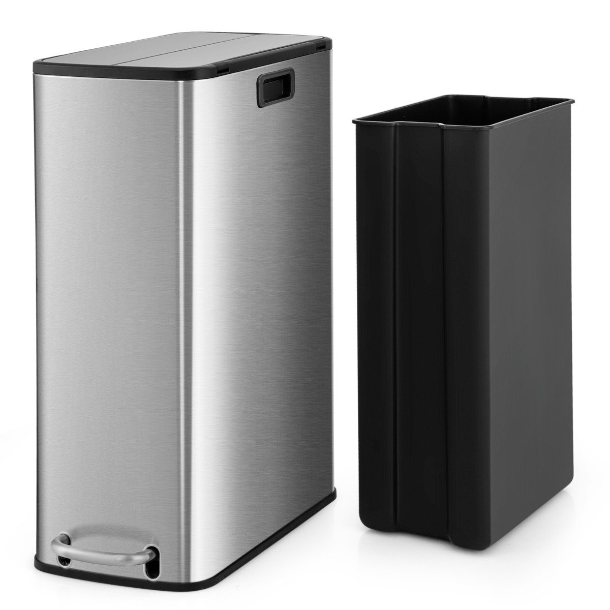 46L Stainless Steel Trash Can with Soft-Closing Wing Lids and Removable Inner Bucket-Silver - Savings Store