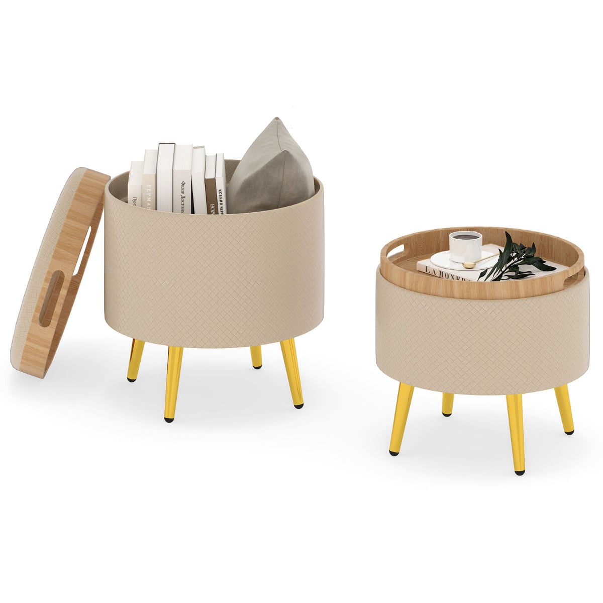 Storage Ottomans Set of 2 Leather Upholstered Round Footrests-Beige - Savings Store