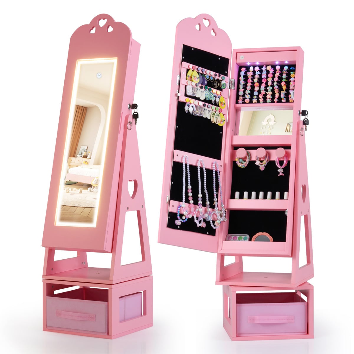 JAMIE Swivel Kids Jewelry Cabinet with Full-Length Mirror and Lights-Pink - Savings Store