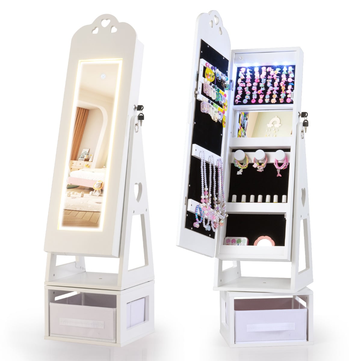JAMIE Swivel Kids Jewelry Cabinet with Full-Length Mirror and Lights-White - Savings Store