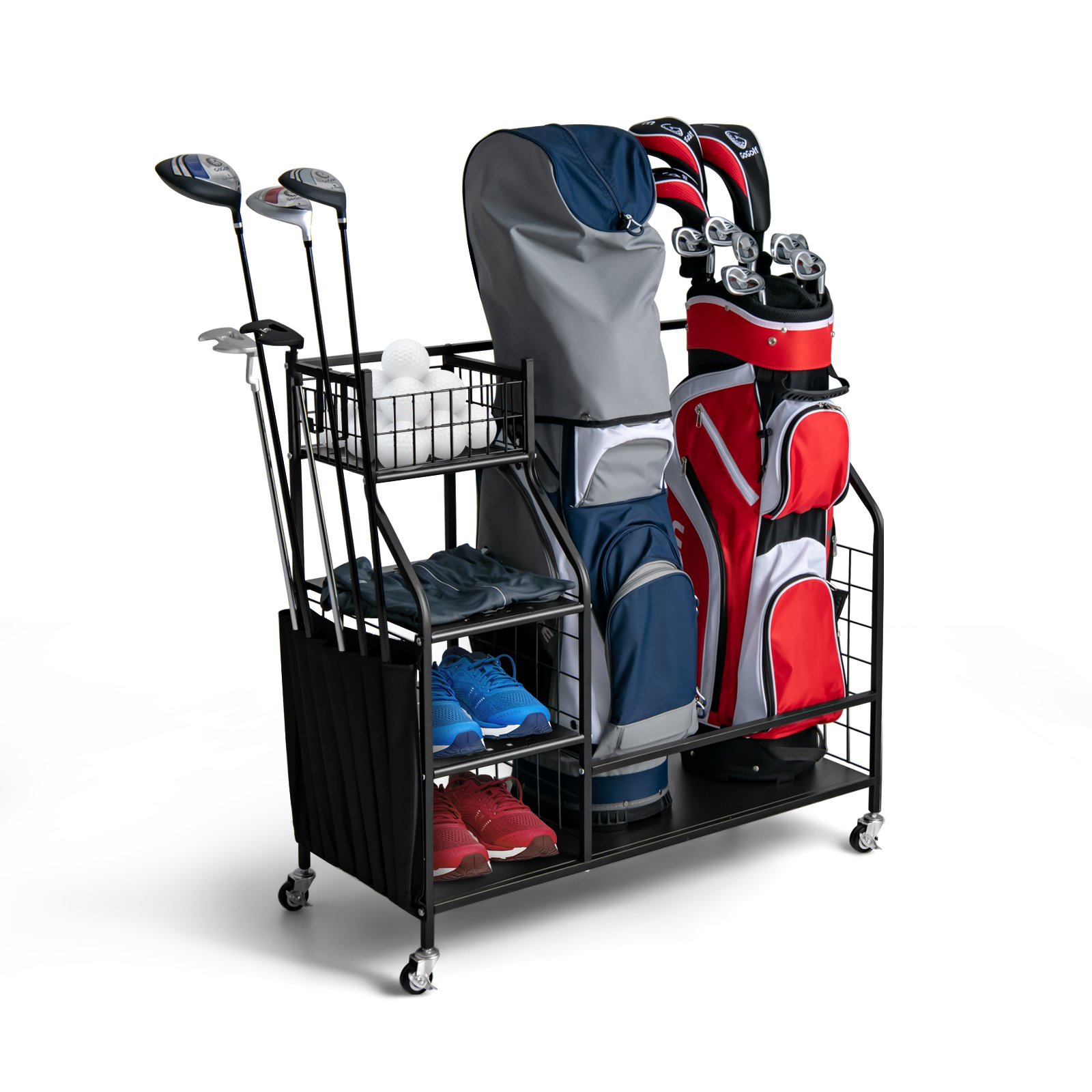 Golf - Double Golf Bag Storage Rack for Garage with Lockable Universal Wheels - Savings Store