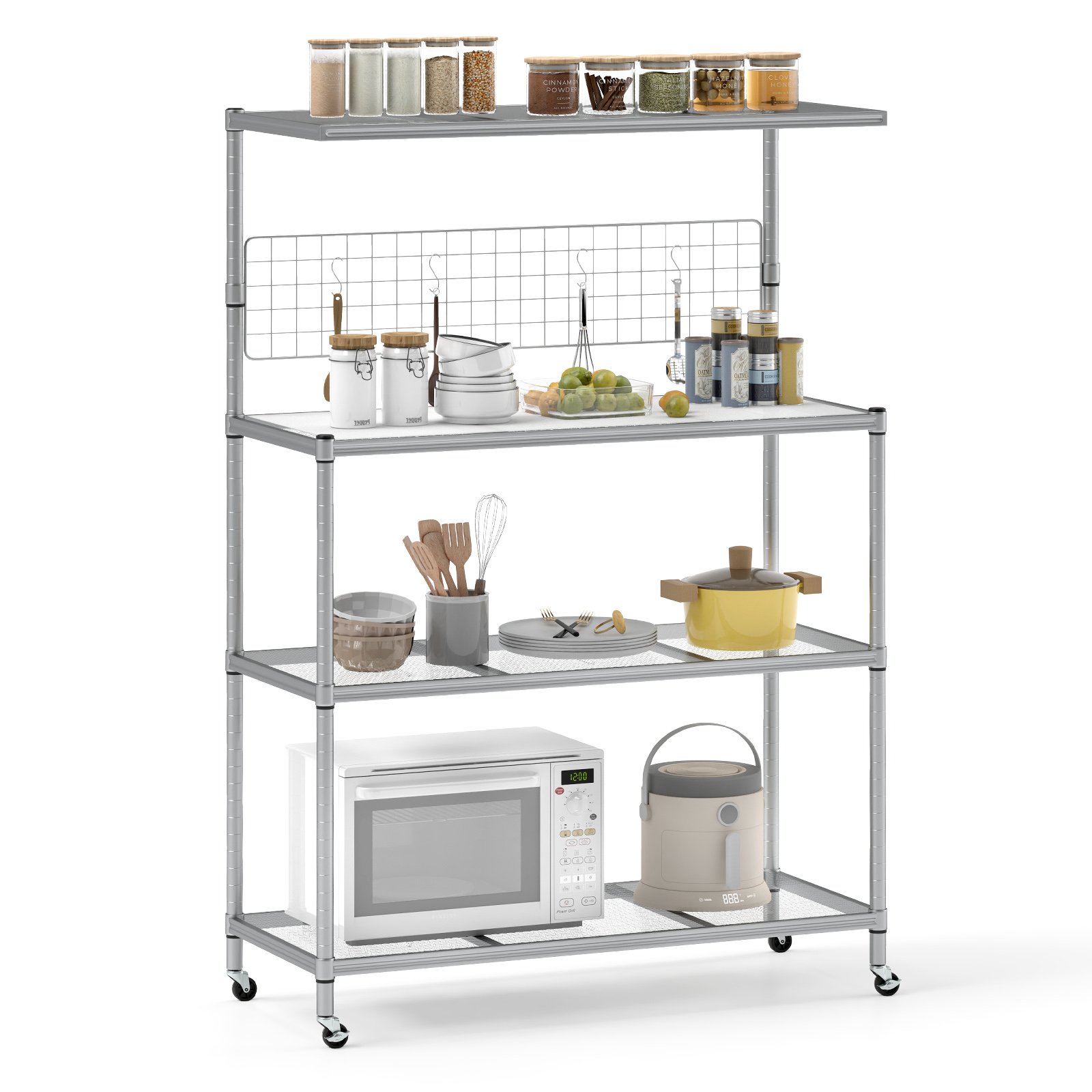 Bakers Rack on Wheels with Adjustable Shelves and Shelf Liner-Silver - Savings Store