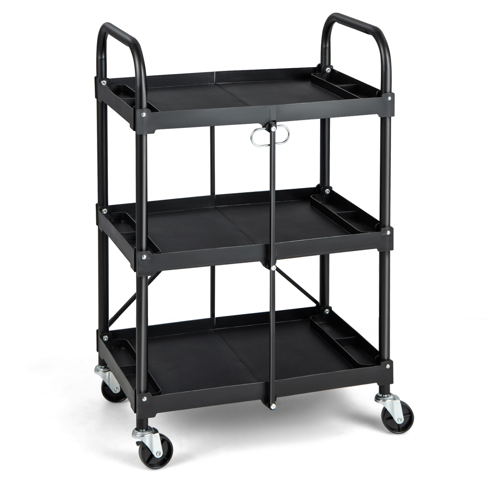 3 Tiers Folding Tool Trolley with Lockable Wheels and Tool Grooves - Savings Store