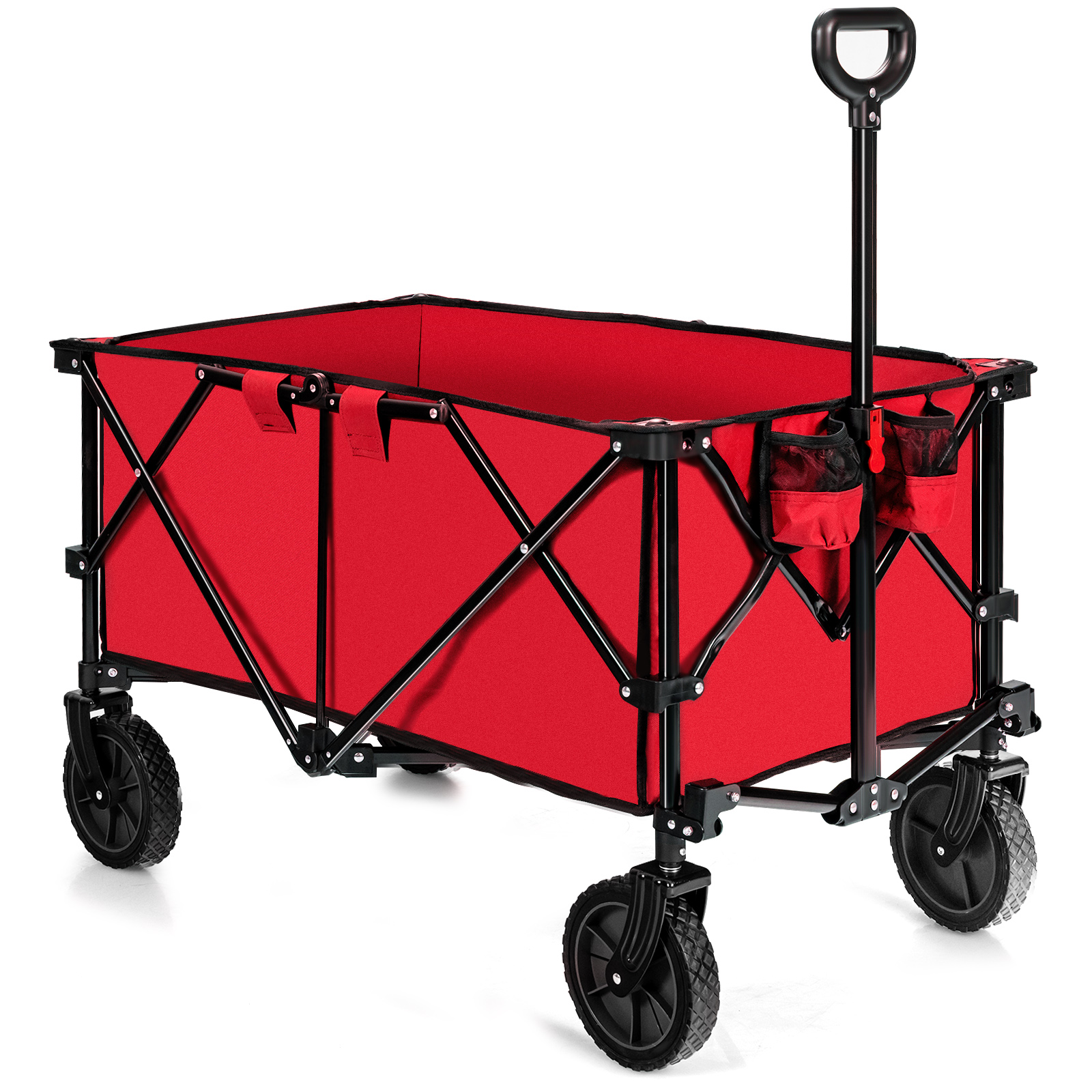 Folding Camping Wagon with Cup Holders and Adjustable Handle-Red - Savings Store