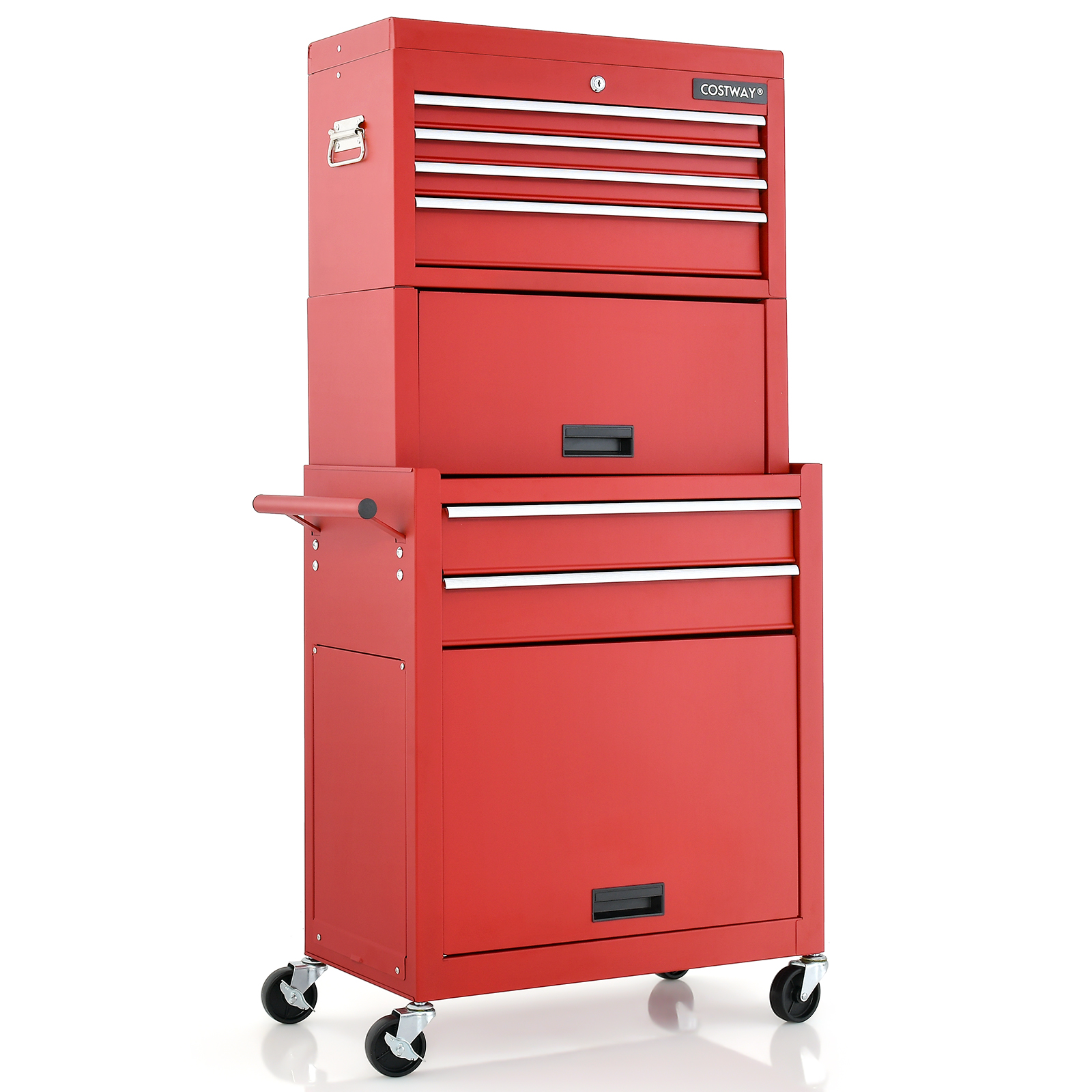 Lockable Tool Storage Cabinet with Handle, Drawers, Wheels and EVA Liner-Red & Black - Savings Store