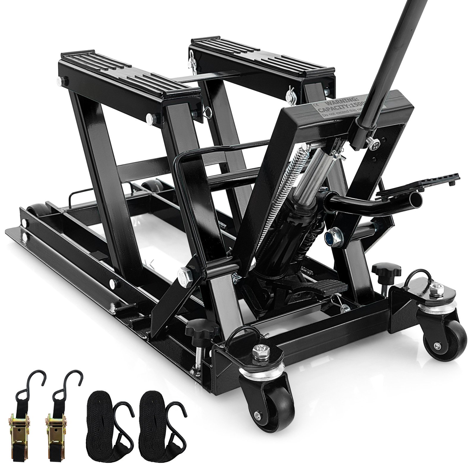 LYONDA 680KG Motorcycle Lift Jack with 4 Wheels and Footplates-Black - Savings Store