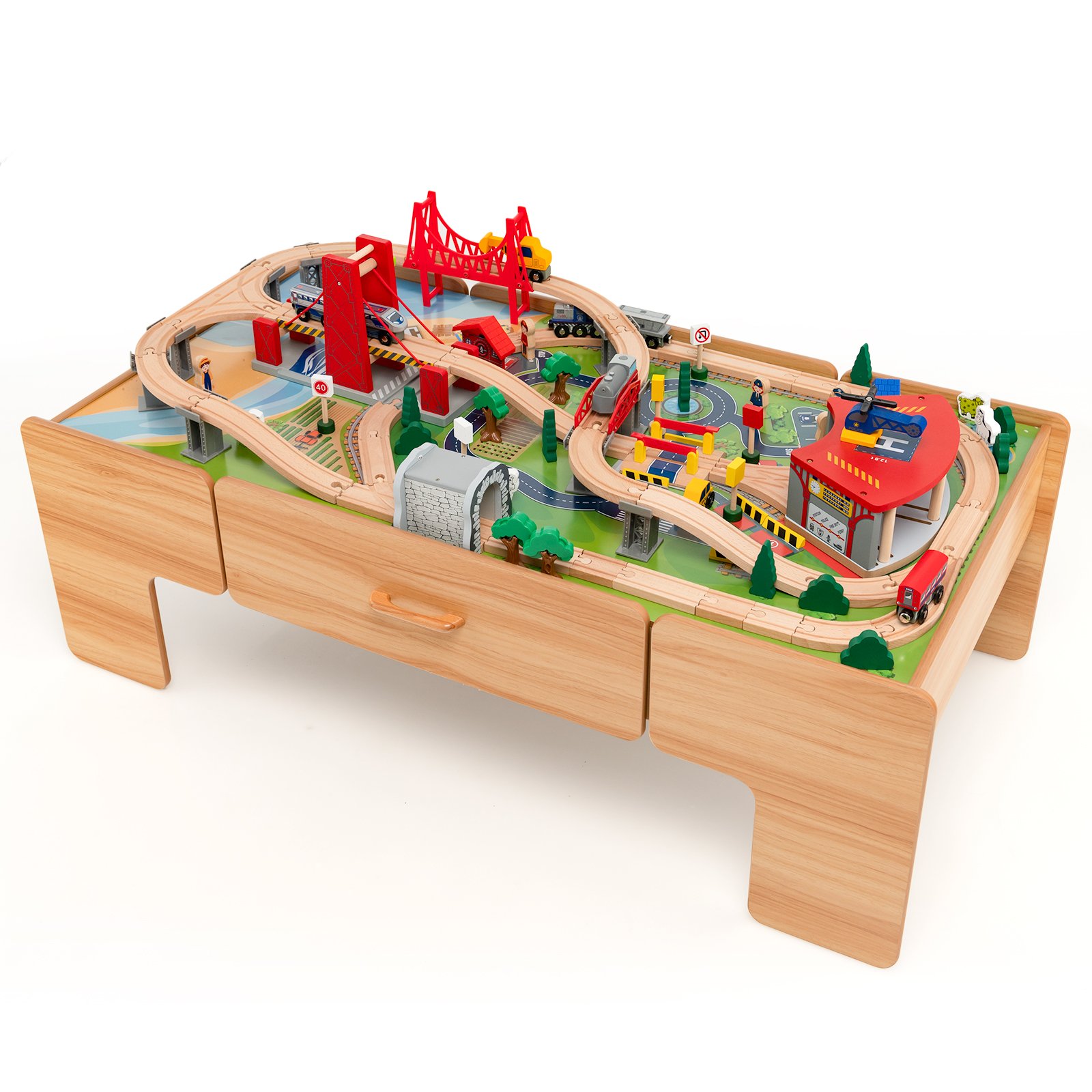 Wooden Train Track Set with Reversible Tabletop 100 Pieces Toy and Storage Drawer - Savings Store