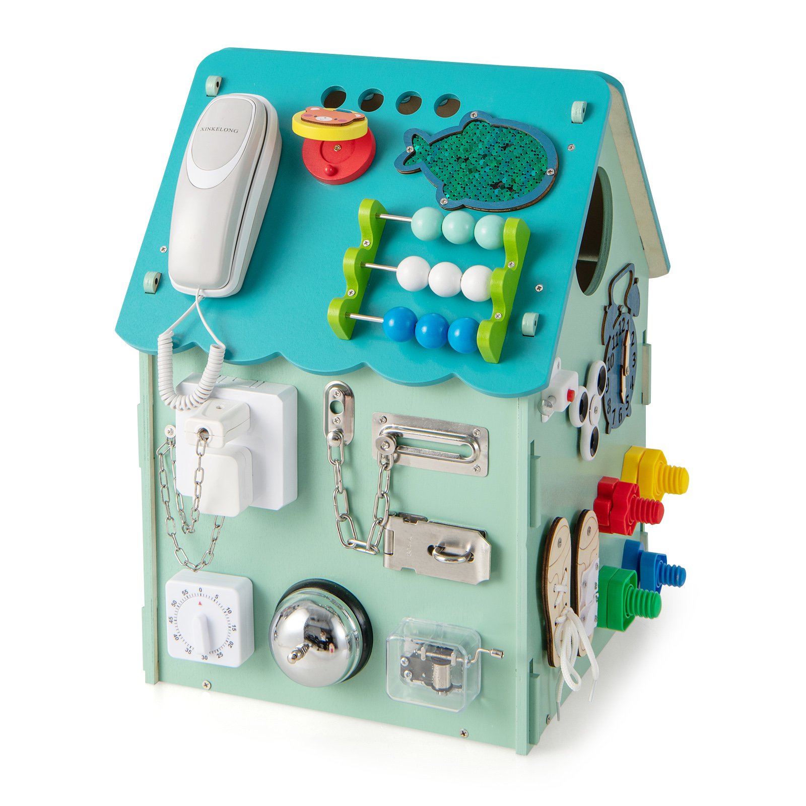 Playhouse - Wooden Busy House Toddler Learning Toy with Music Box-Blue - Savings Store