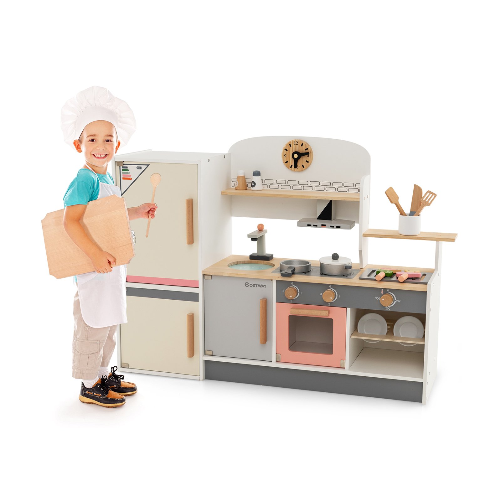 Kids Kitchen Toy - Wooden Pretend Kids Play Kitchen Set with Realistic Range Hood - Savings Store