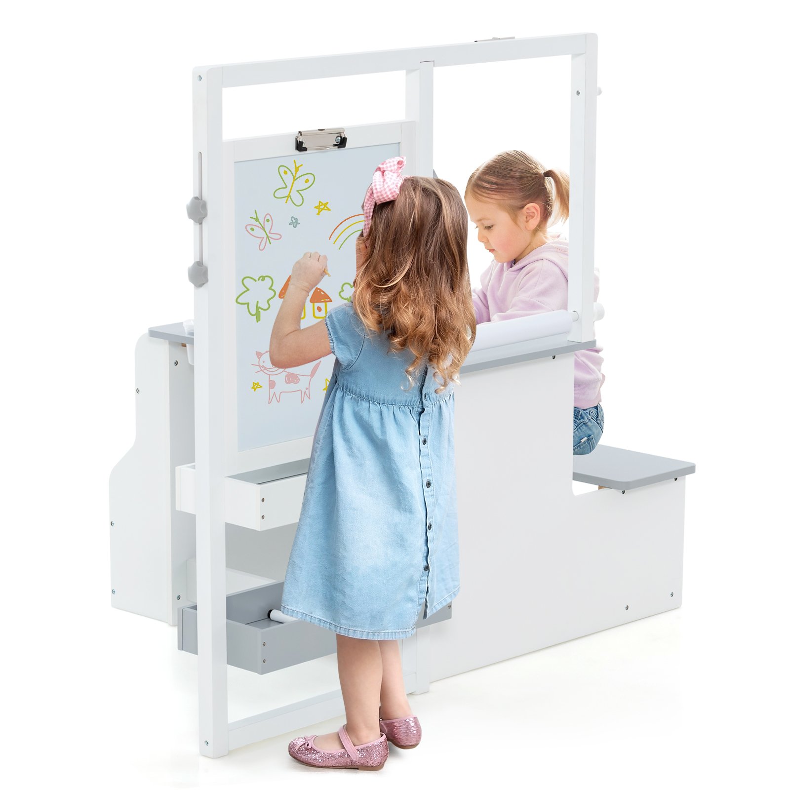 Easel - Kids Art Easel Table and Bench Set with Adjustable Easel and Bookshelf-Light Grey