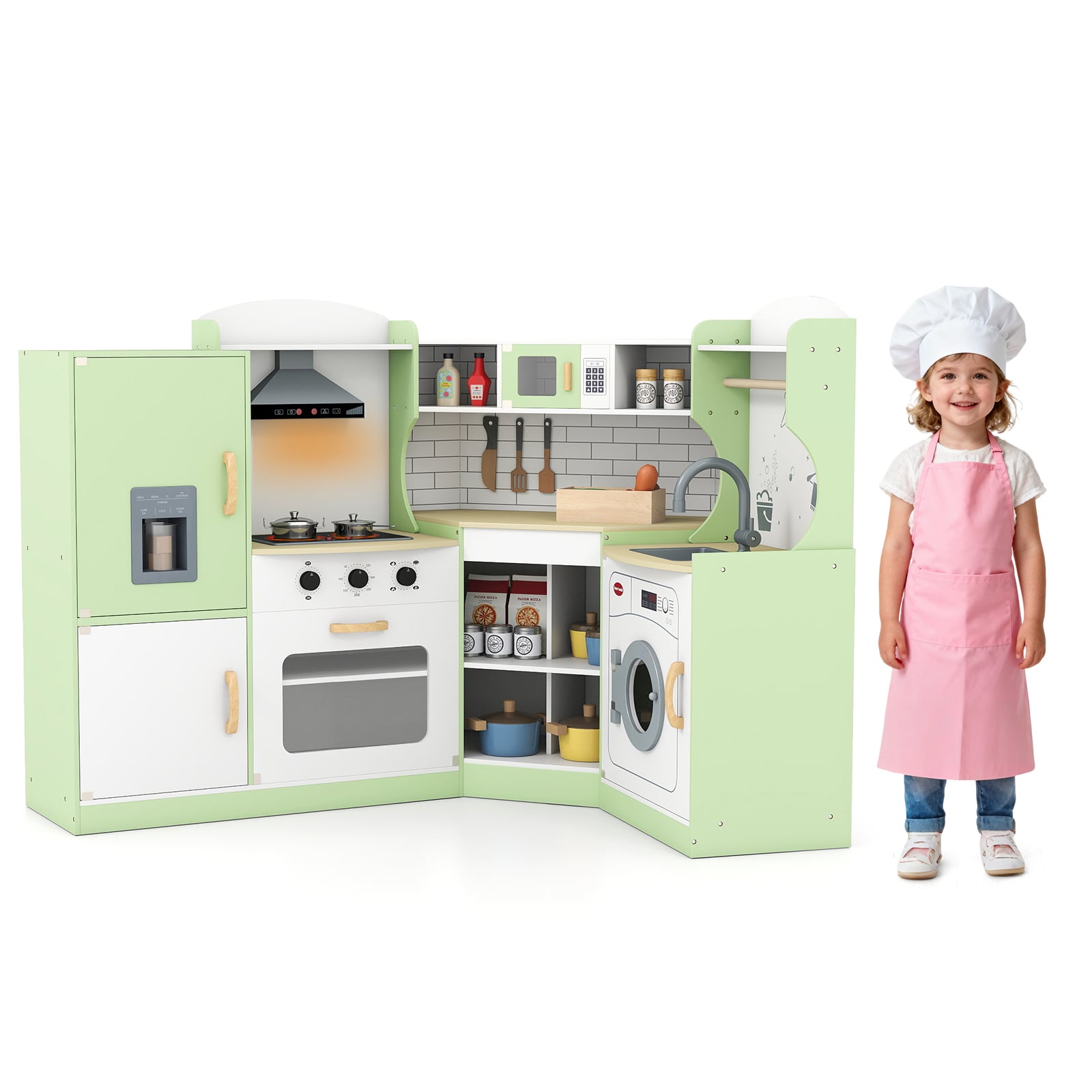 TAVOR Wooden Corner Play Kitchen with Sounds and Lights-Green - Savings Store