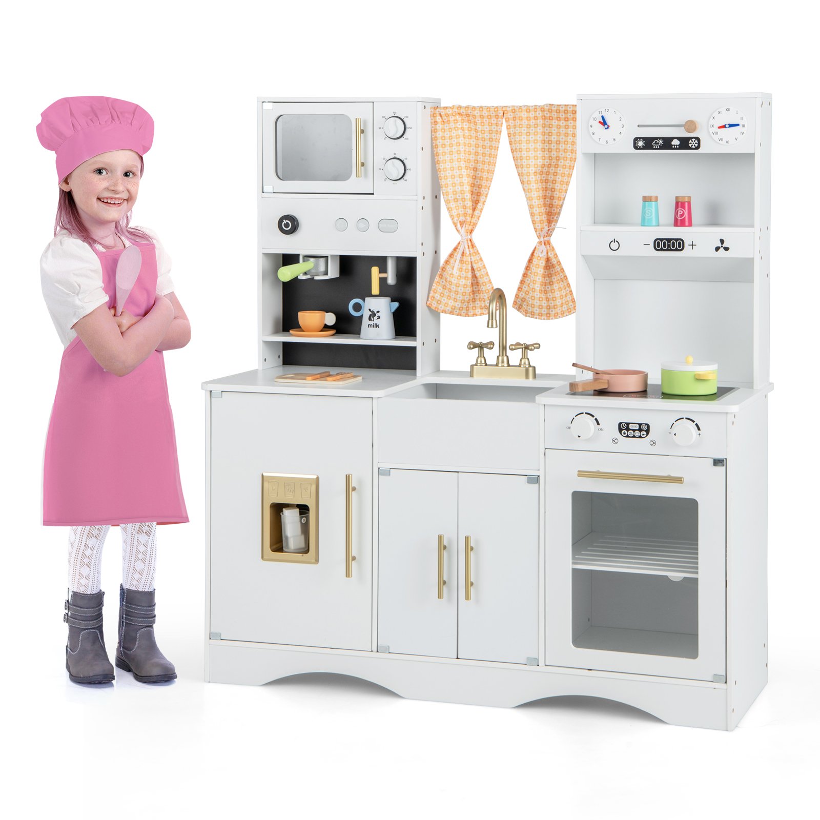 Kids Kitchen Toy - Kids Play Kitchen Wooden with Microwave and Ice Maker with Sounds-White - Savings Store
