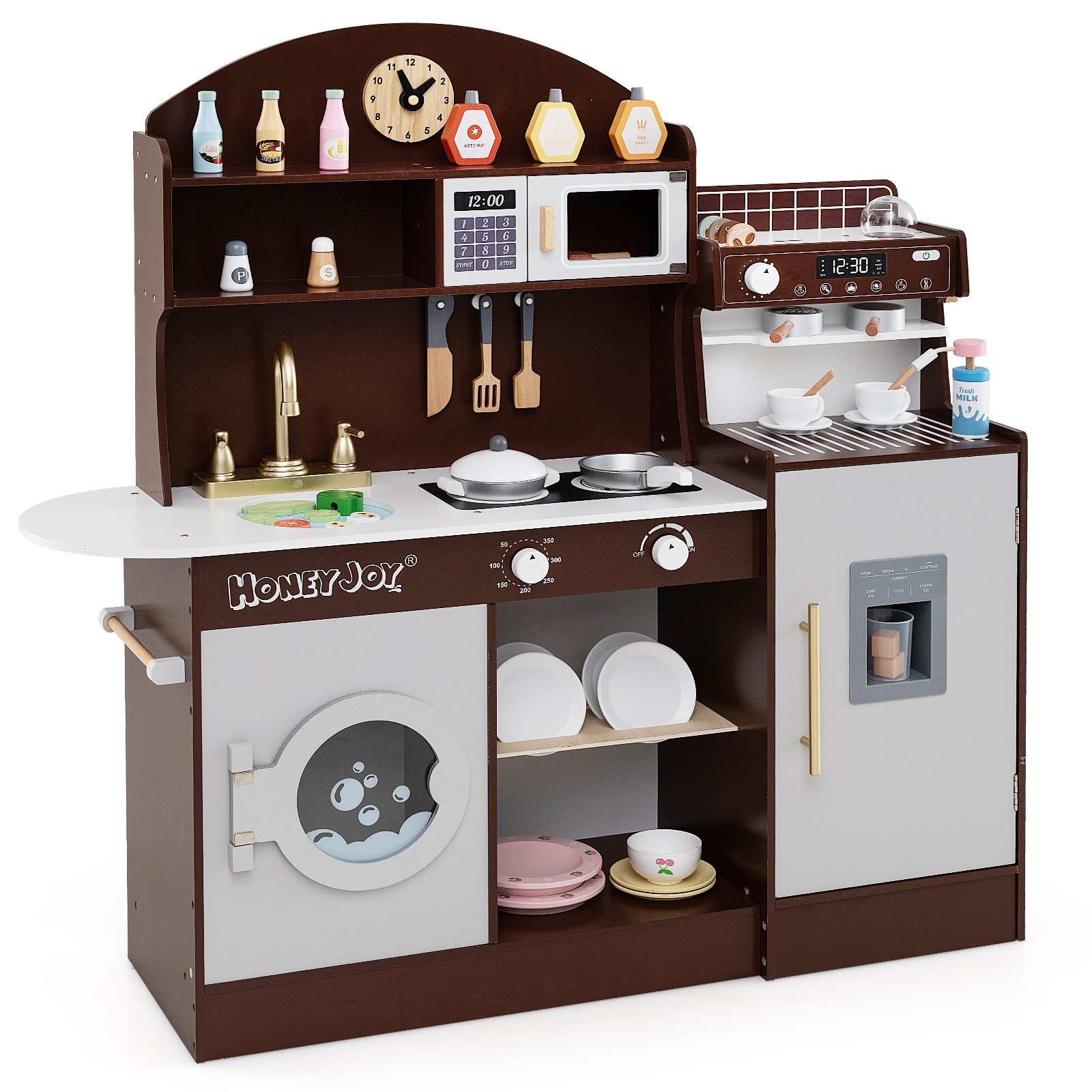VENE Wooden Kitchen Playset with Clock and Microwave-Brown - Savings Store
