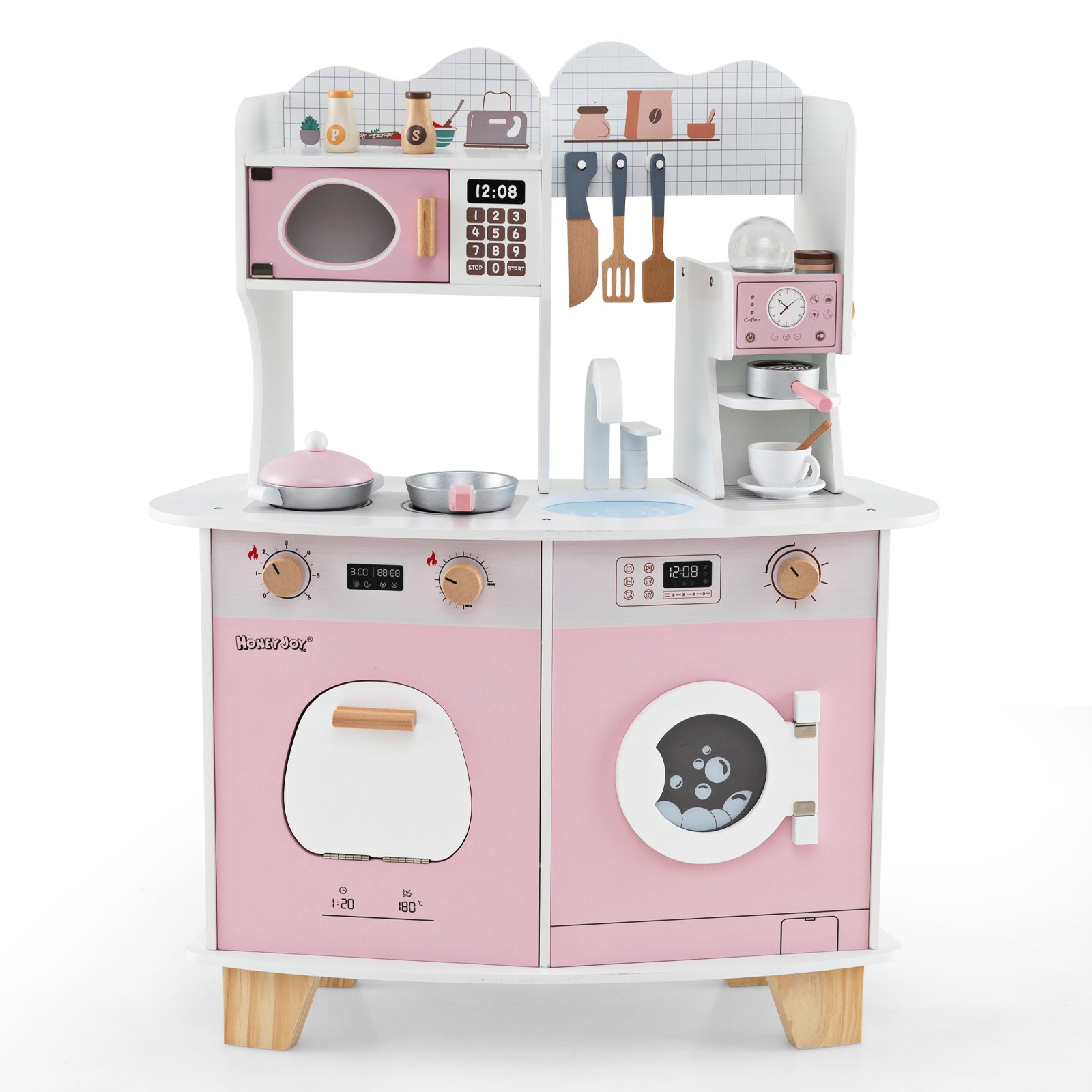 Wooden Kids Kitchen Playset with Coffee Maker for 3+ Years Old-Pink - Savings Store