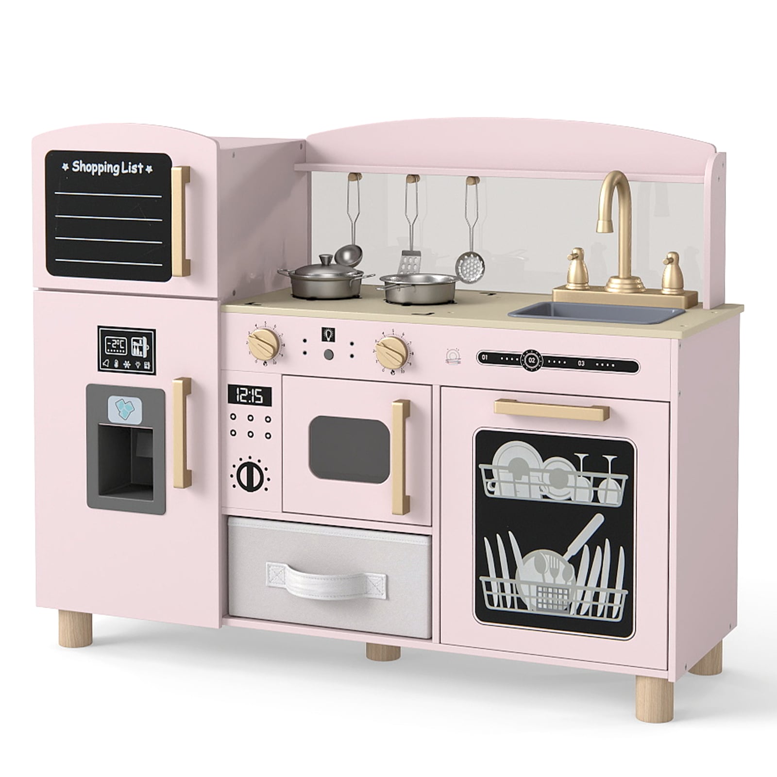 SAVOR Wooden Kids Play Kitchen with Ice Maker and Fabric Drawer-Pink - Savings Store