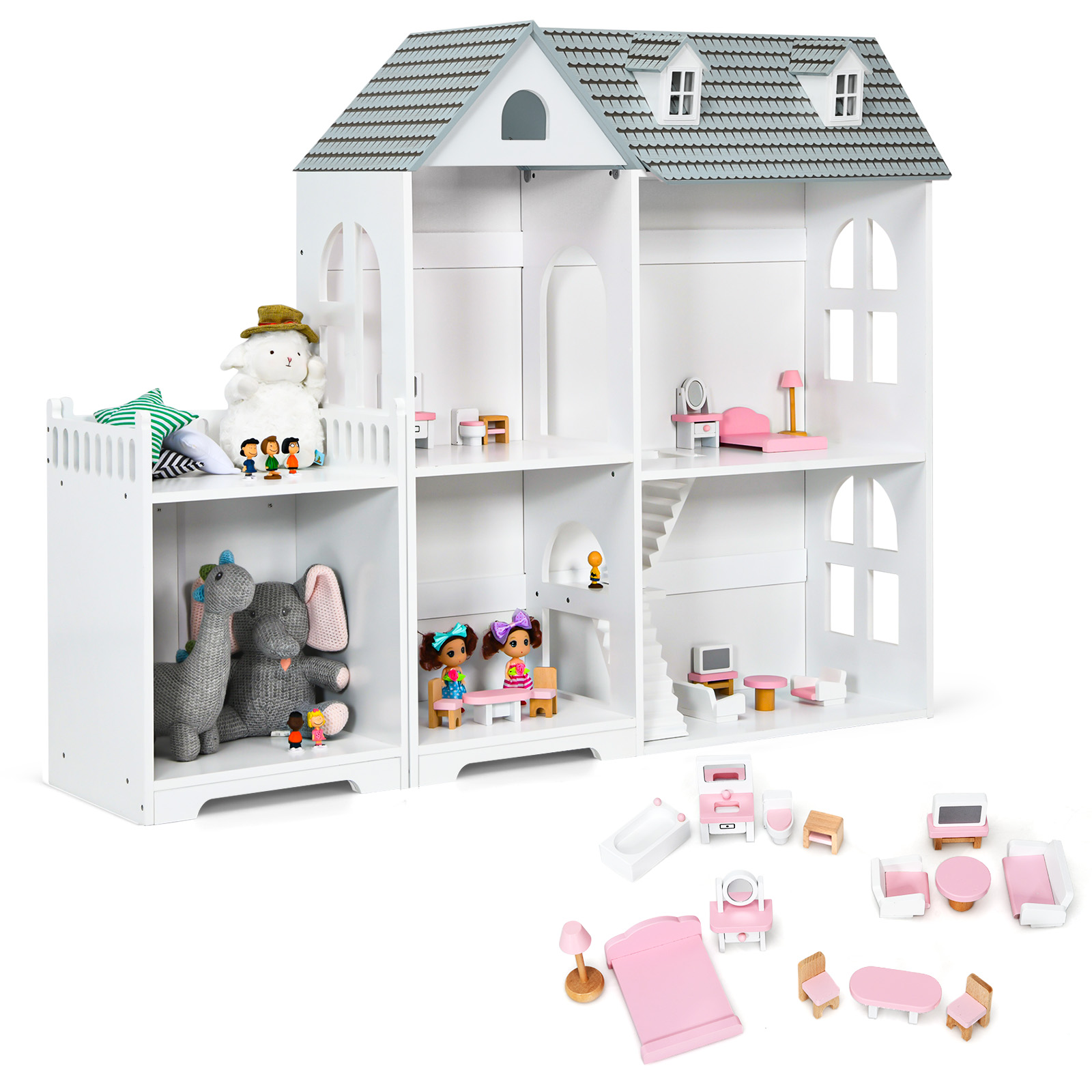 Large Wooden Dolls House with Furniture and Accessories-Grey - Savings Store