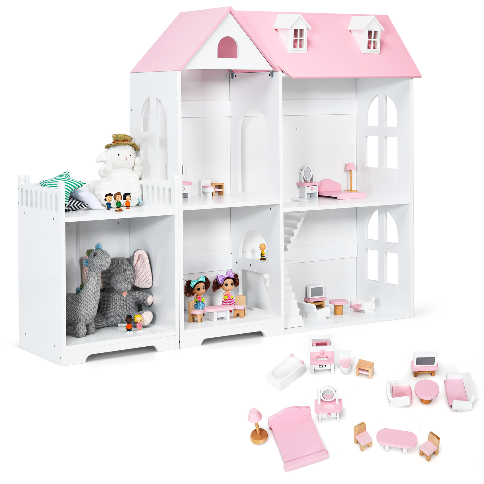 Large Wooden Dolls House with Furniture and Accessories-Pink - Savings Store