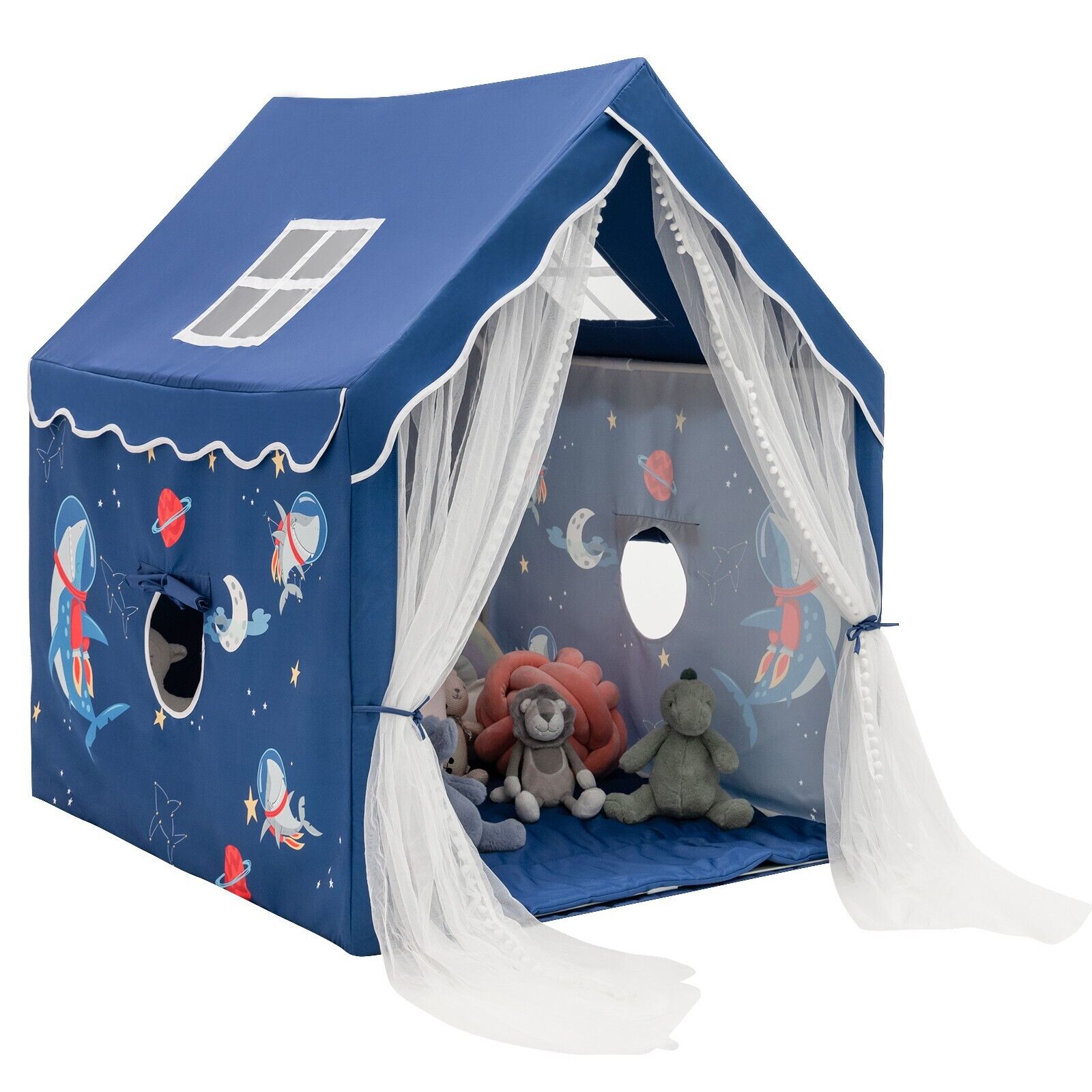 Kids Play Tent with Washable Mat and Windows-Blue - Savings Store