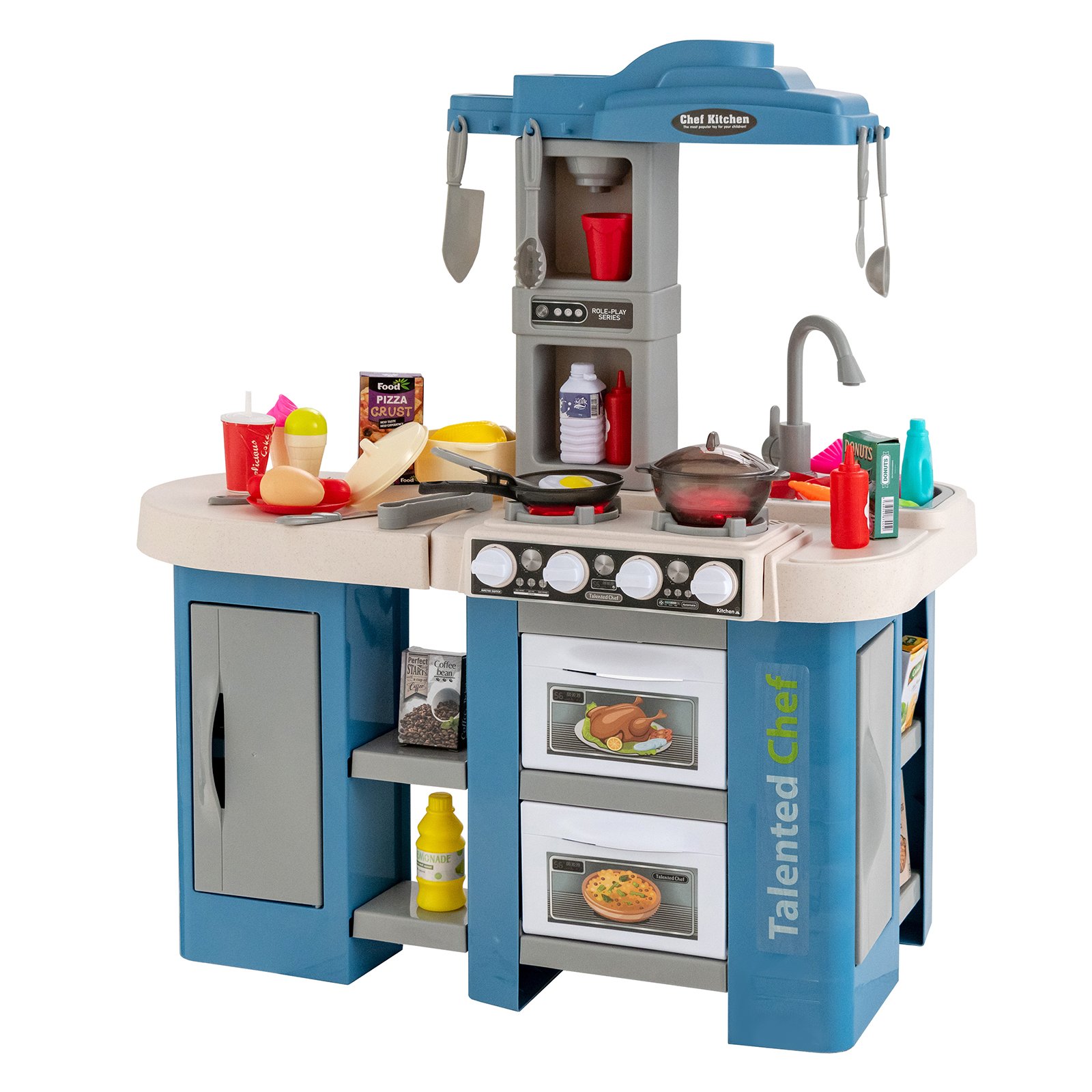 Kids Kitchen Toy - Kids Kitchen Playset with 67 Pieces Accessories and Realistic Lights-Blue - Savings Store