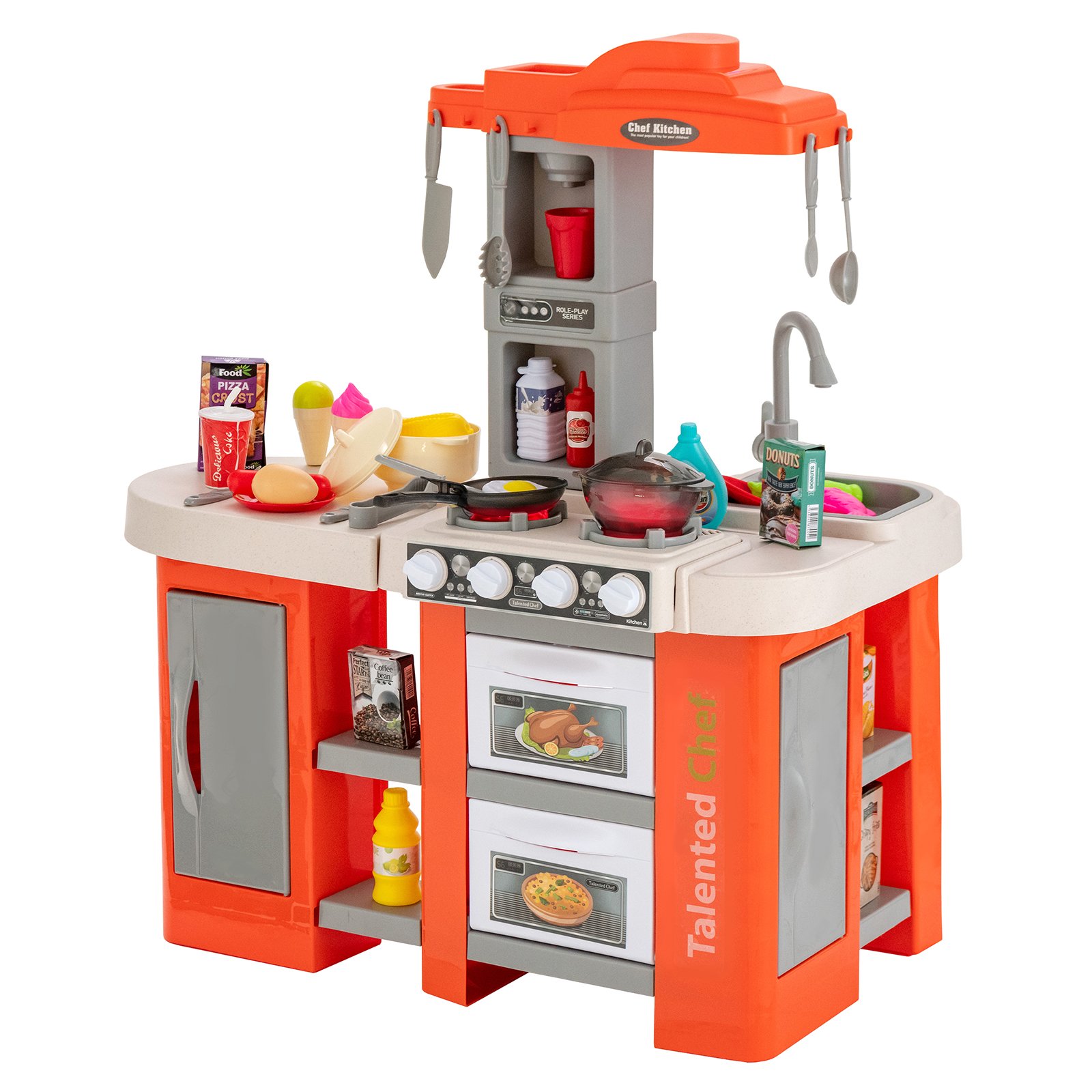 Kids Kitchen Toy - Kids Kitchen Playset with 67 Pieces Accessories and Realistic Lights-Orange - Savings Store