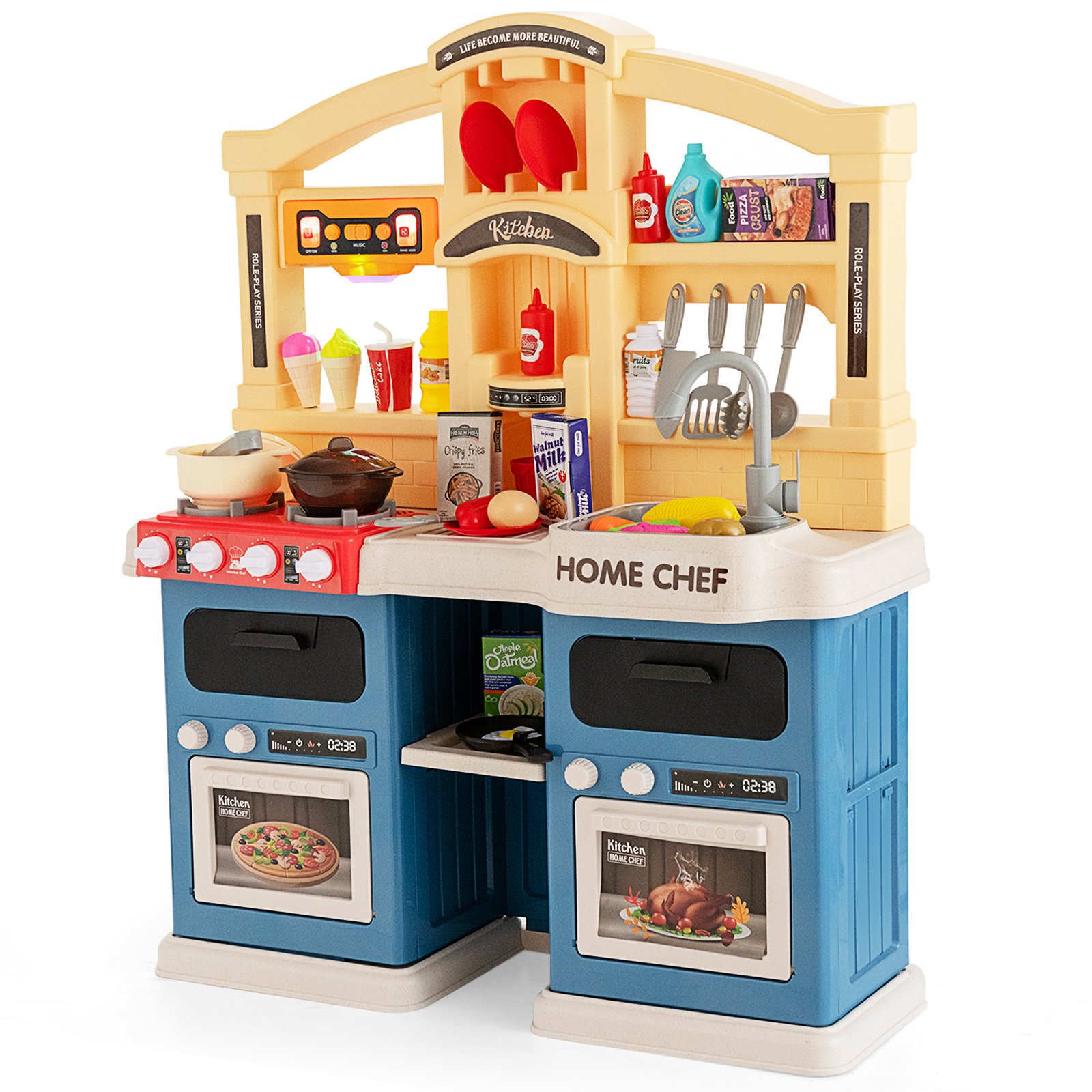 69 Pieces Kids Kitchen Playset with Boiling and Vapor Effects - Blue - Savings Store