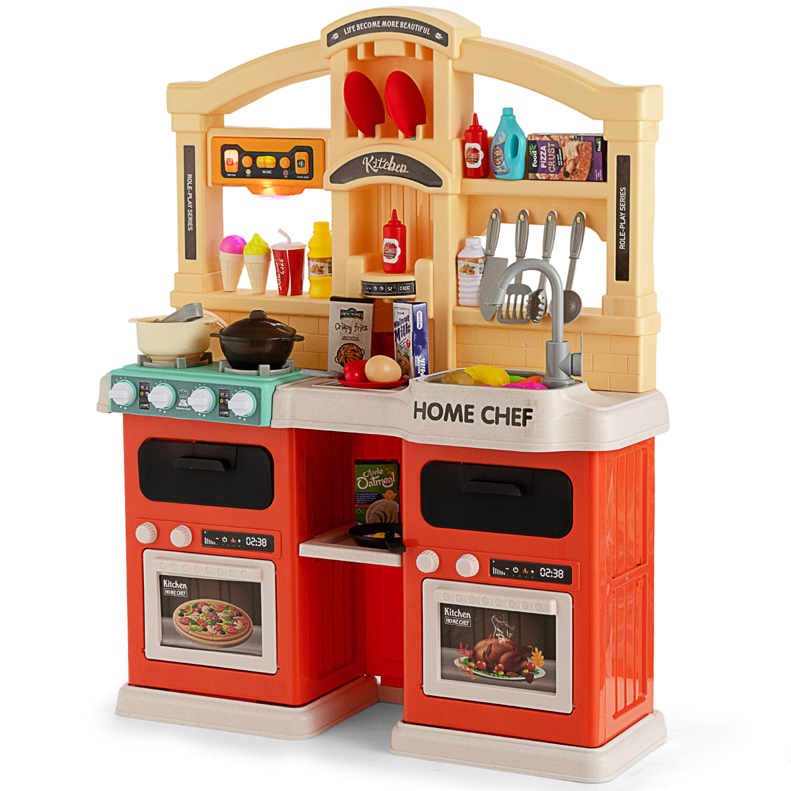 69 Pieces Kids Kitchen Playset with Boiling and Vapor Effects - Orange - Savings Store