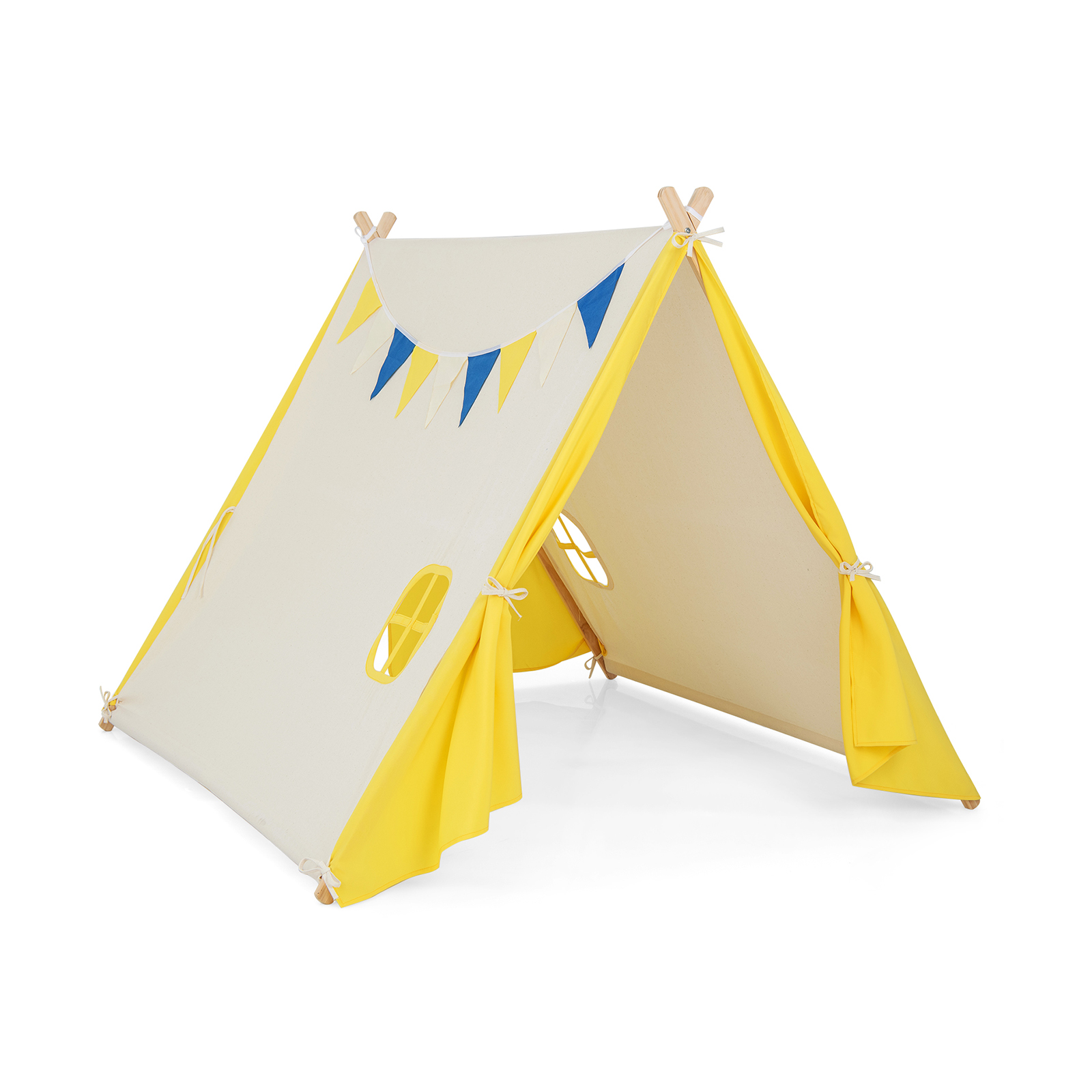 Kids Large Triangular Playhouse Tent with Selected Pine Wood Material-Yellow - Savings Store