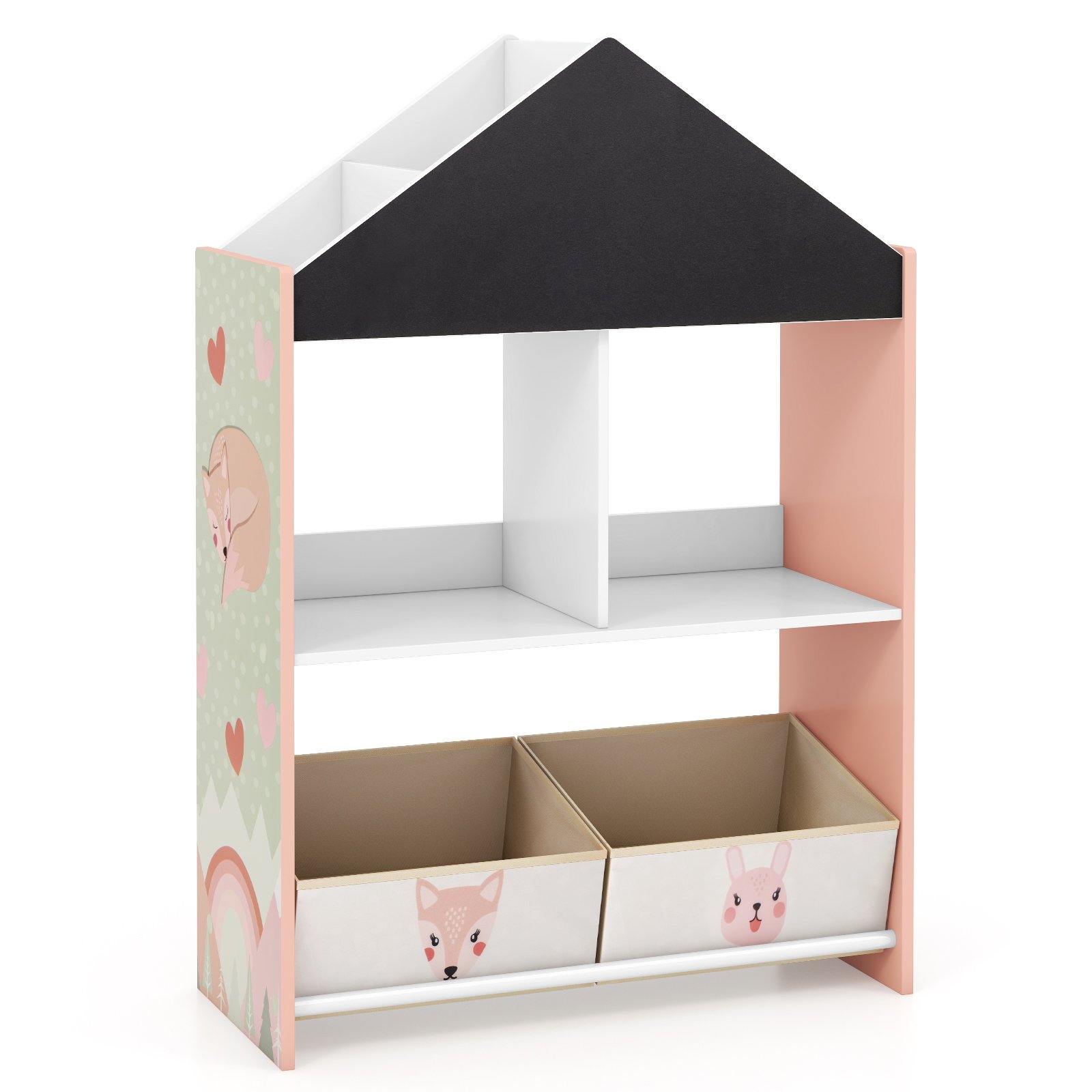 Bookcase - Wooden Kids Dollhouse Bookshelf Toy Storage Organizer with Chalkboard-Pink - Savings Store