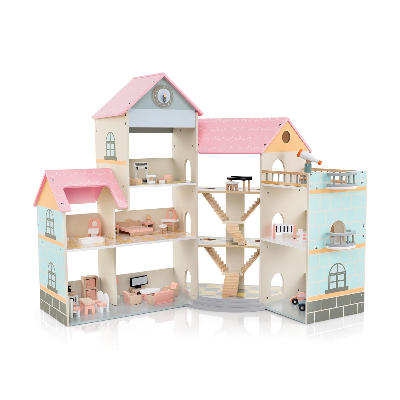 Kids Dollhouse - Wooden Corner Dollhouse Playset Pink Roof Doll House-Pink - Savings Store