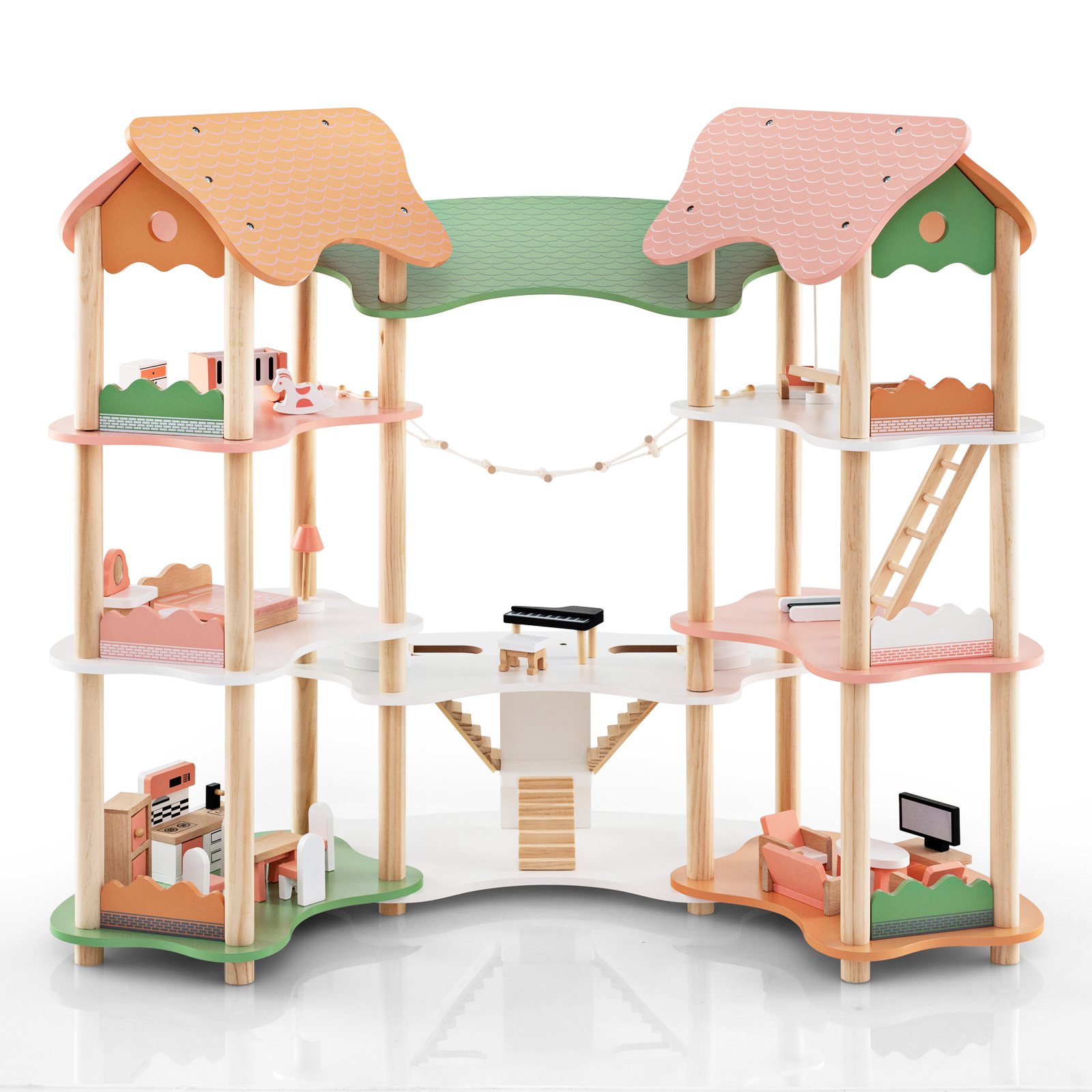 Kids Dollhouse - Multi-Layer Wooden Dollhouse Versatile Kids Playhouse Toy with 7-Room-Colourful - Savings Store