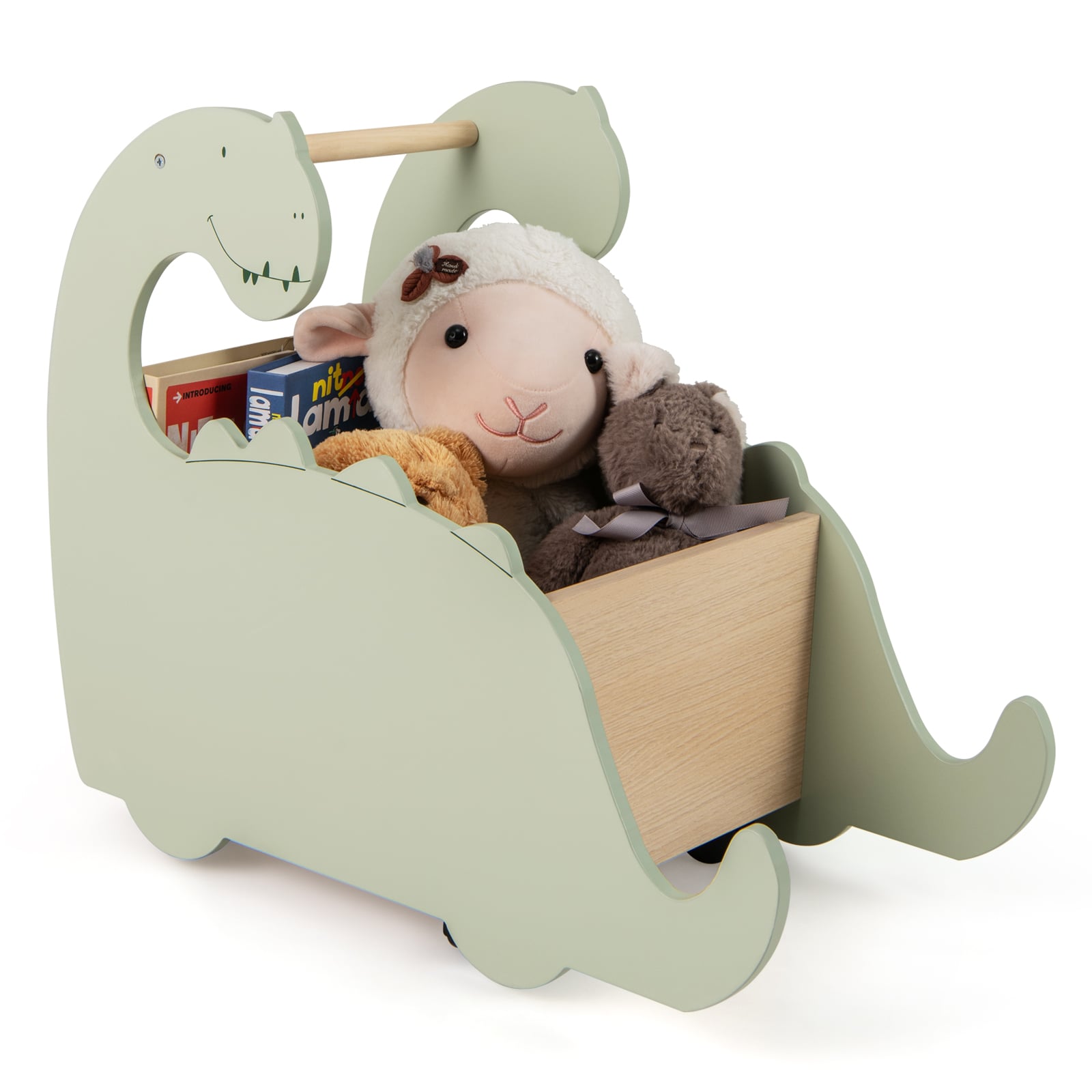2 in 1 Wooden Baby Push Walker Toddler Shopping Cart with Pine Wood Handle-Green - Savings Store