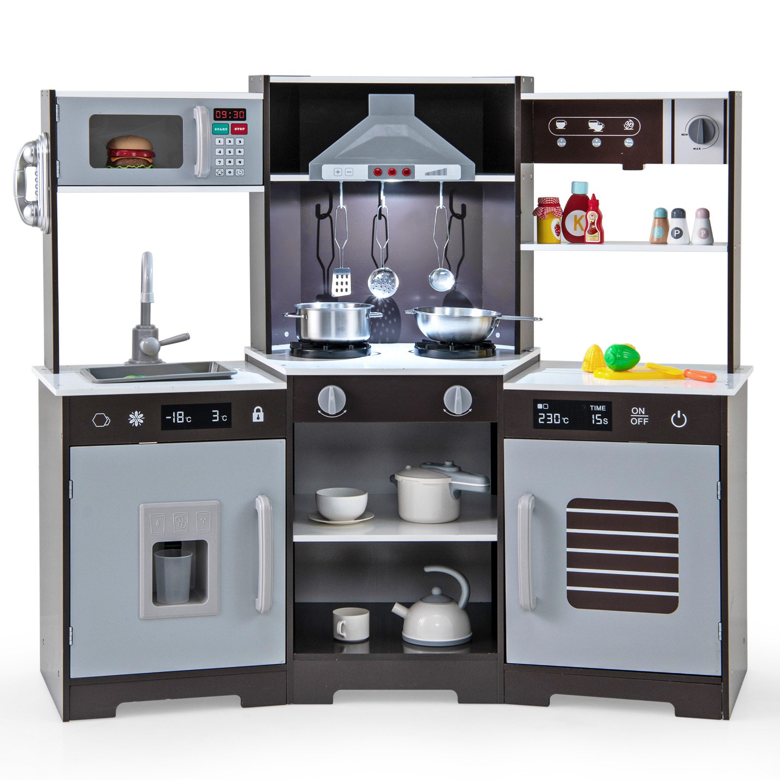 Kids Kitchen Toy - Wooden Pretend Play Kitchen with Real Sounds and Lights-Brown - Savings Store
