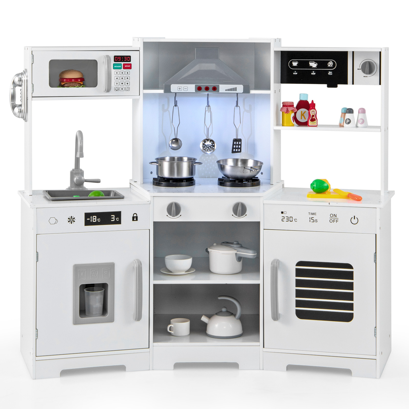 Kids Kitchen Toy - Wooden Pretend Play Kitchen with Real Sounds and Lights-White - Savings Store