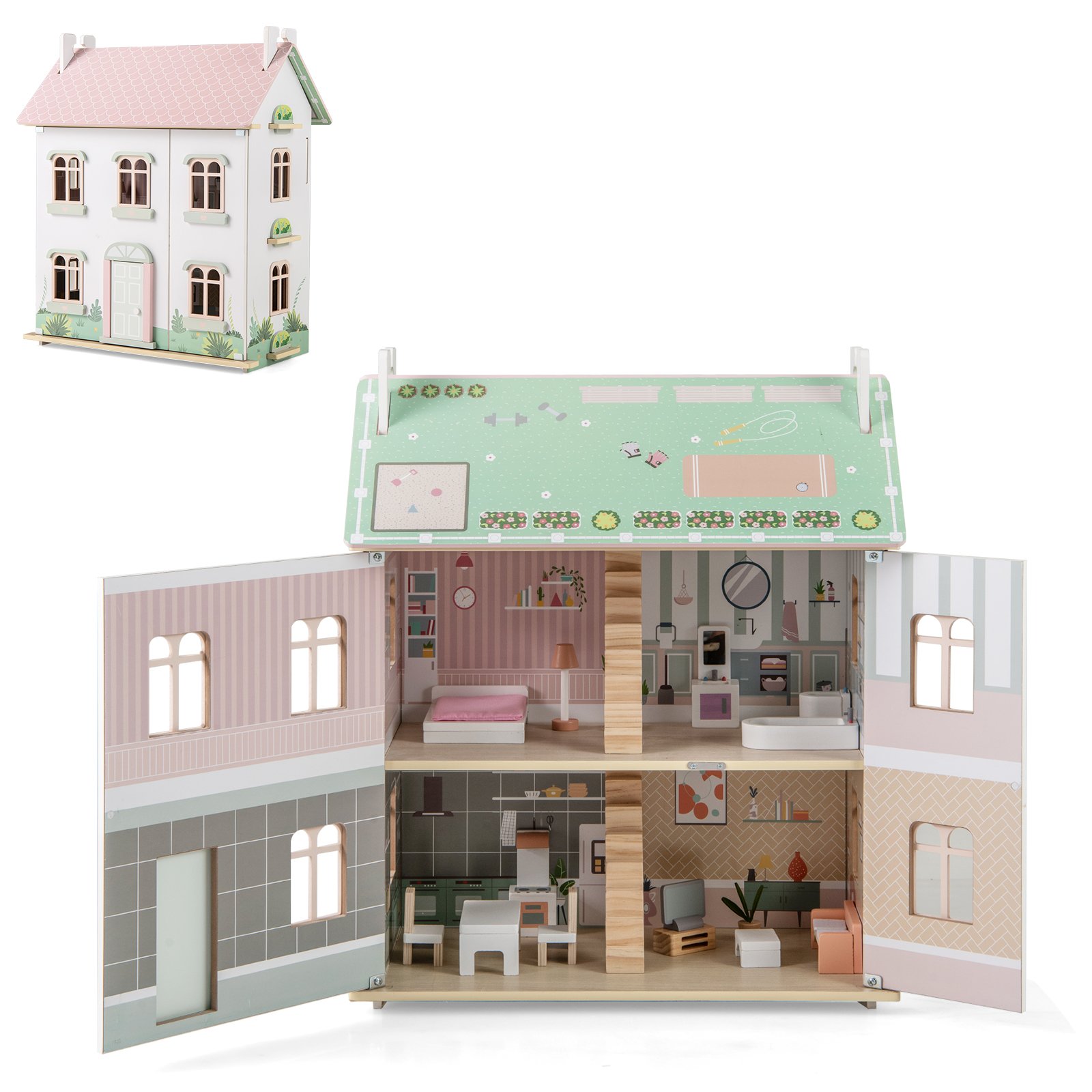 Kids Dollhouse - Wooden Dollhouse with Furniture and Accessories for Kids-Pink - Savings Store