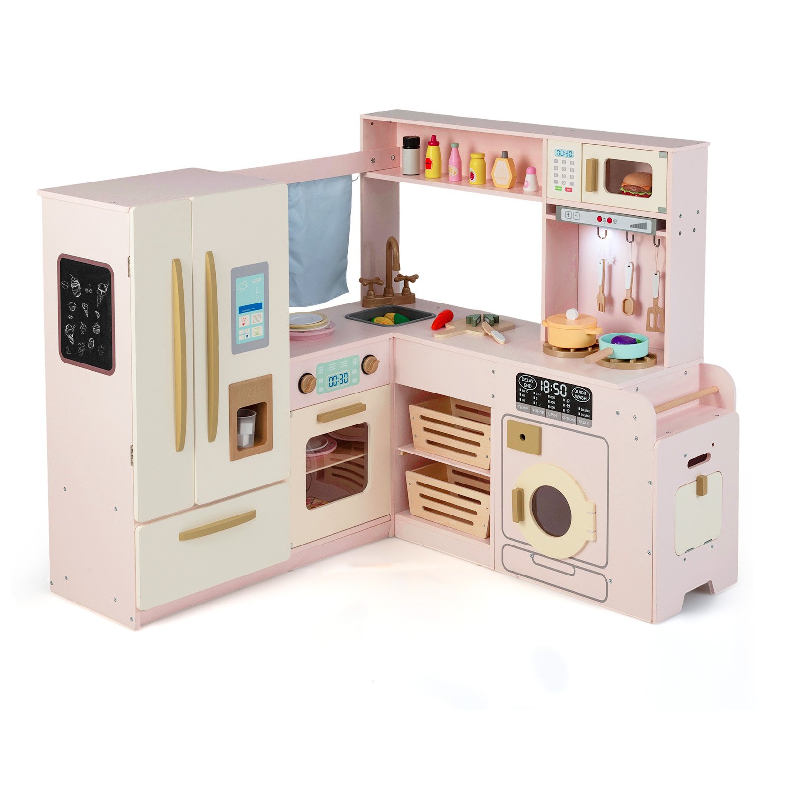 PRENTON Corner Kitchen Playset with Large Fridge for Toddlers 3+ Years Old-Pink - Savings Store