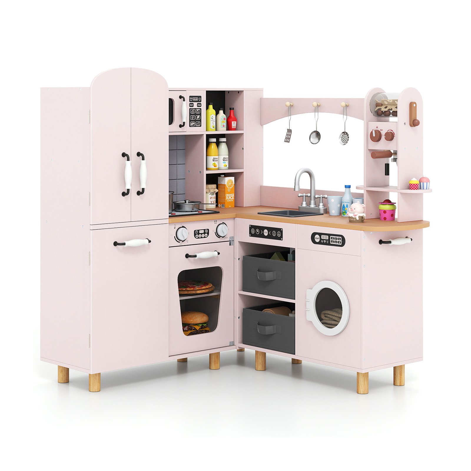 PRILLEX Wooden Corner Play Kitchen with Pine Wood Legs and Lights & Sounds-Pink - Savings Store