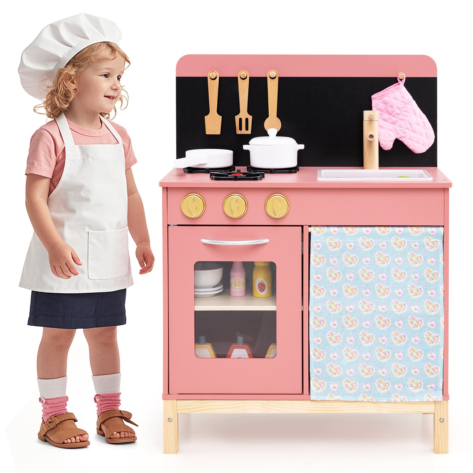Kids Play Kitchen Set with Door Curtain and Stoves and Apron-Pink - Savings Store